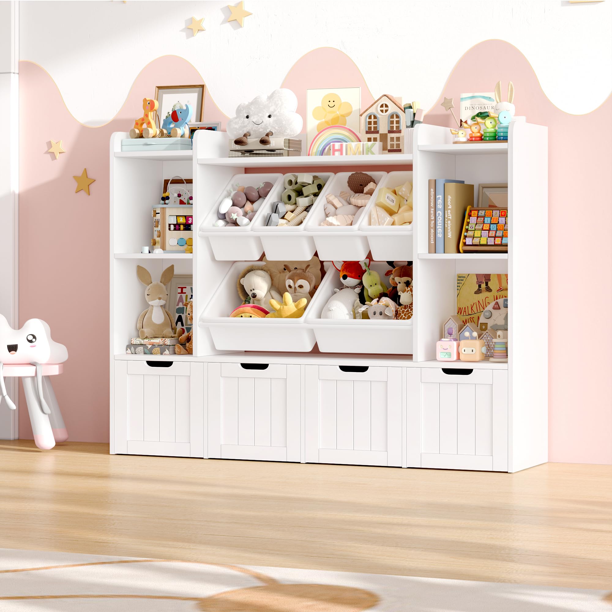 FOREHILL Scaffale per Giocattoli con Cassetti su ruote 140x30x106cm Bianco | Scaffale Portagiochi bimbi con 6 Scatole Rimovibili,Archiviazione per Peluche,Altezza adatta bimbi,Per Camerette, Sale Giochi