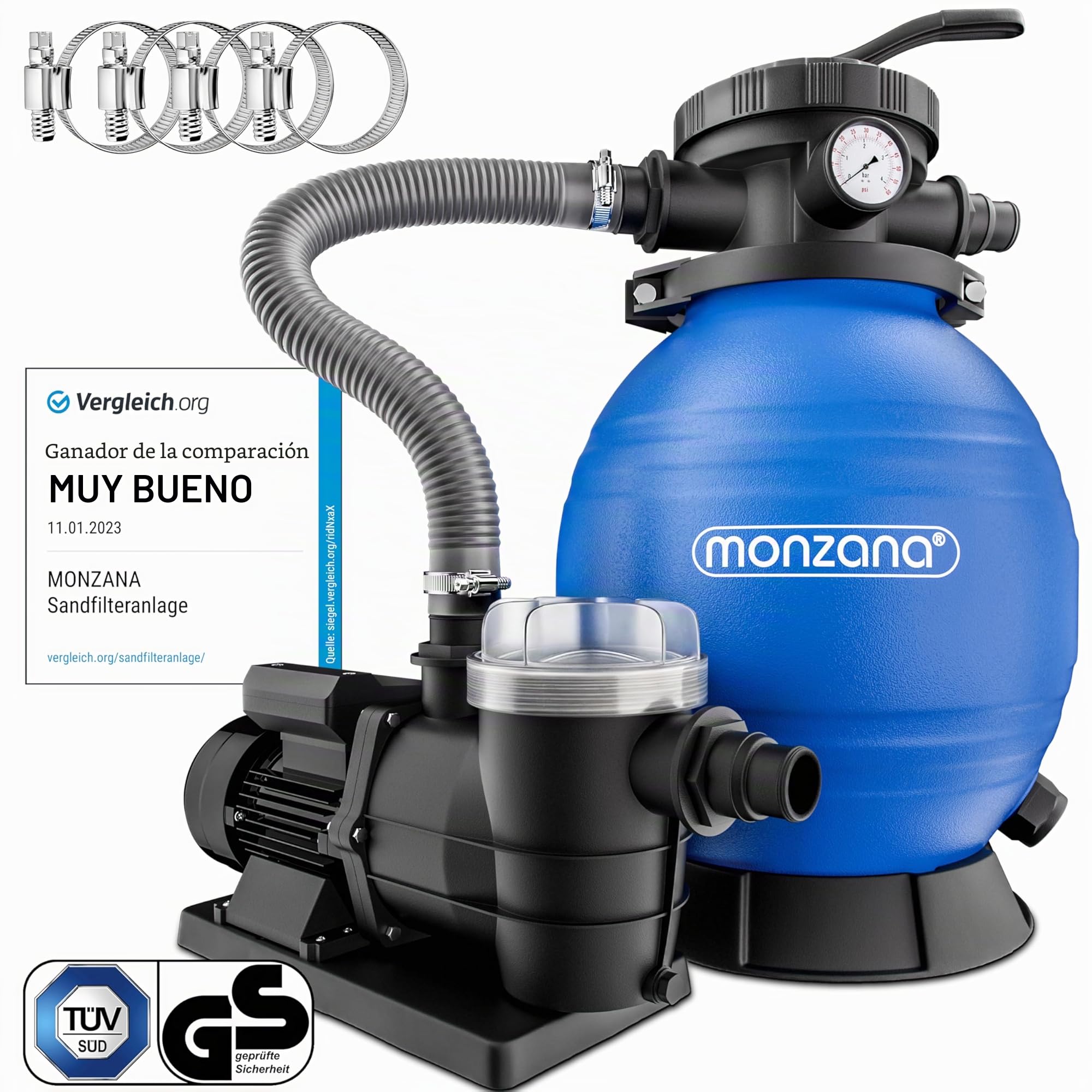 MONZANA® Depuradora Piscina 9.600L/h Filtro de Arena hasta 30.000L con Pre Filtro Válvula 7 Funciones Filtrado 400W Autocebante Adaptador Ø32-38mm Bomba Indicador de Presión