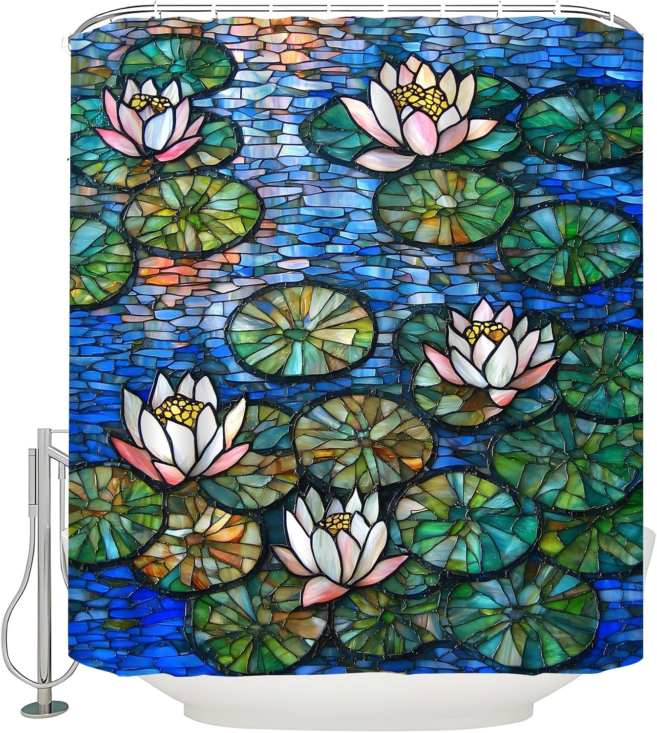 Stained Glass Shower Curtain Water Lilies Flower Garden Art Pond Colorful Lotus Floral Plant Nature Modern Abstract Polyester Bath Curtain with Hooks, 70x70 Inch
