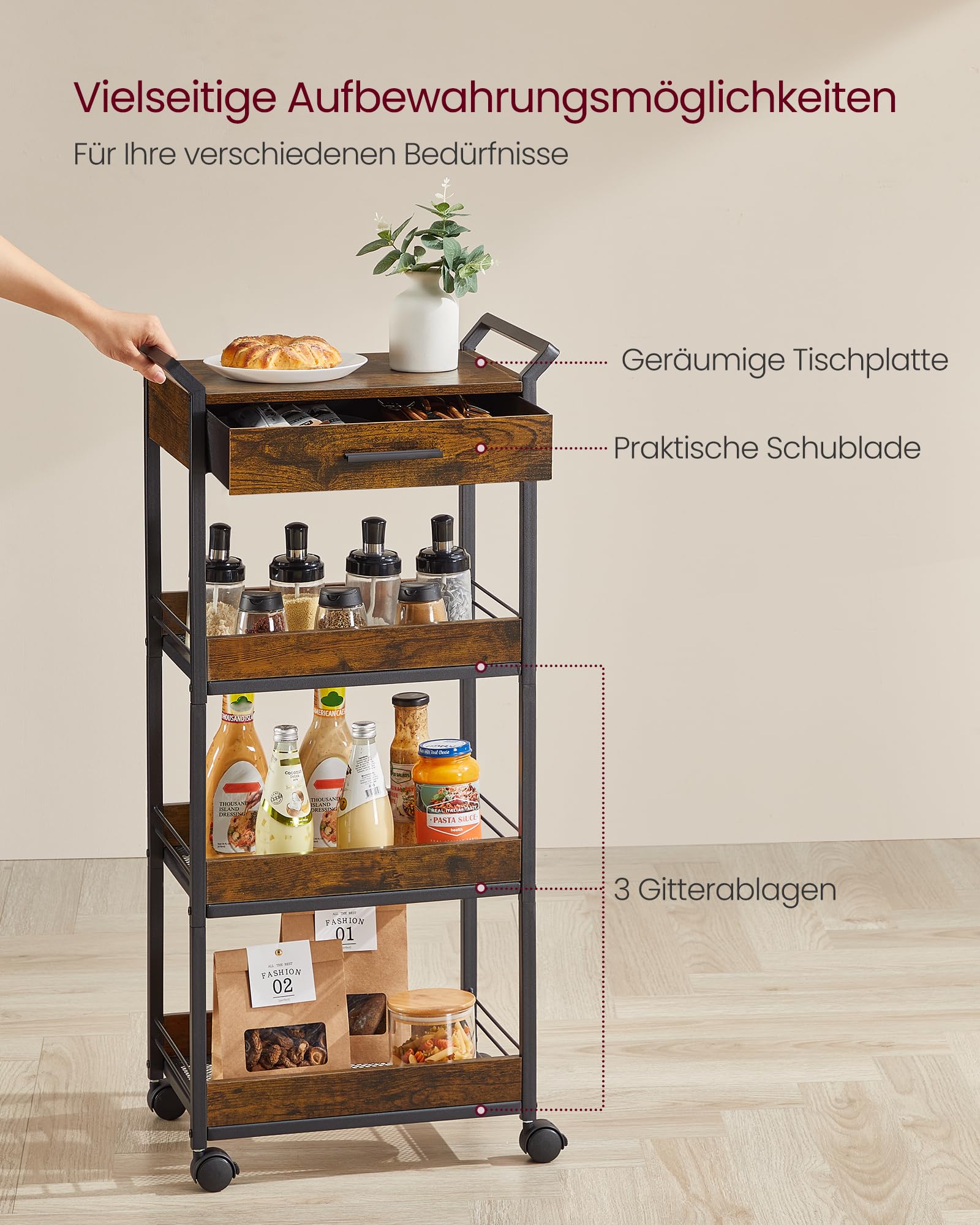 VASAGLE Rollwagen, Küchenwagen 4 Ebenen, Servierwagen mit Bremsen, Holzspanplatte, obere Schublade, Aufbewahrungsregal für Küche, Badezimmer, Schlafzimmer, vintagebraun-tintenschwarz LRC049K01