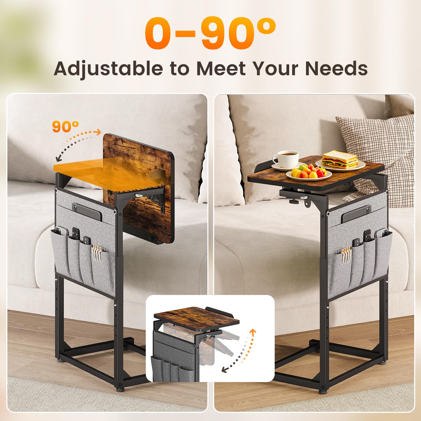 ELYKEN Table d'Appoint Bout de Canapé Plateau Inclinable à 90° Lot de 1