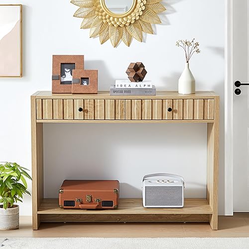 Mesa consola con cajones, mesa de entrada estrecha de mediados de siglo con estante de almacenamiento, mesa de entrada de madera detrás del sofá Ta