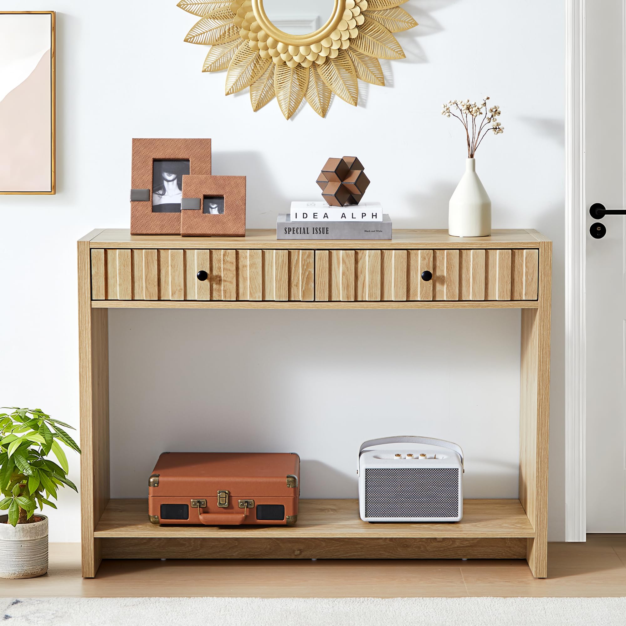 RUSTYER Console Table with Drawers, Narrow Mid-Century Fluted Entryway Table Sofa Table with Storage Shelf, Wood Entry Table Accent Behind Couch Ta