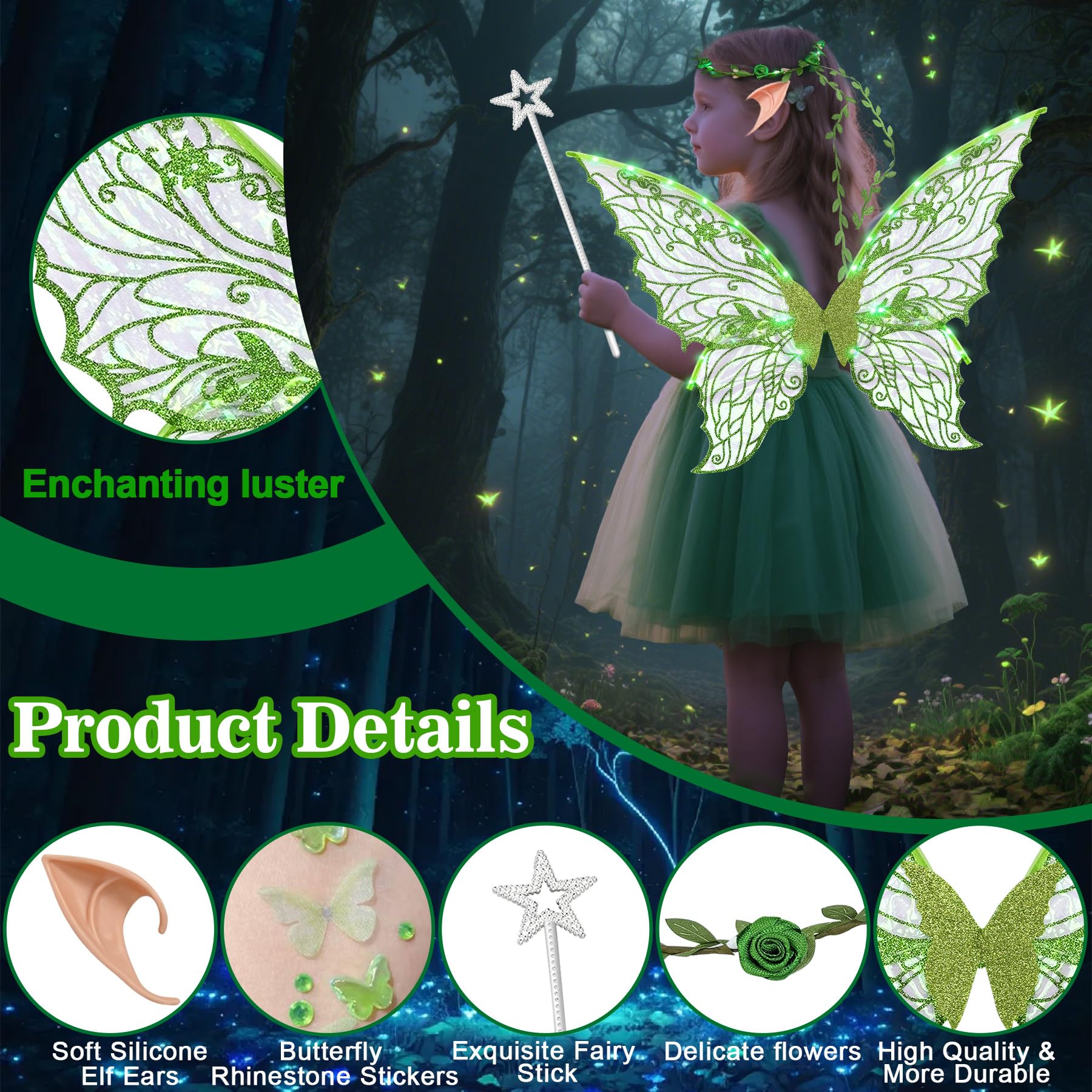 YeahBoom Fairy Wings LED Luminous with Elf Ears LED Fairy Headband and Star Wands Butterfly Wings Costume for Carnival Party - Image 3