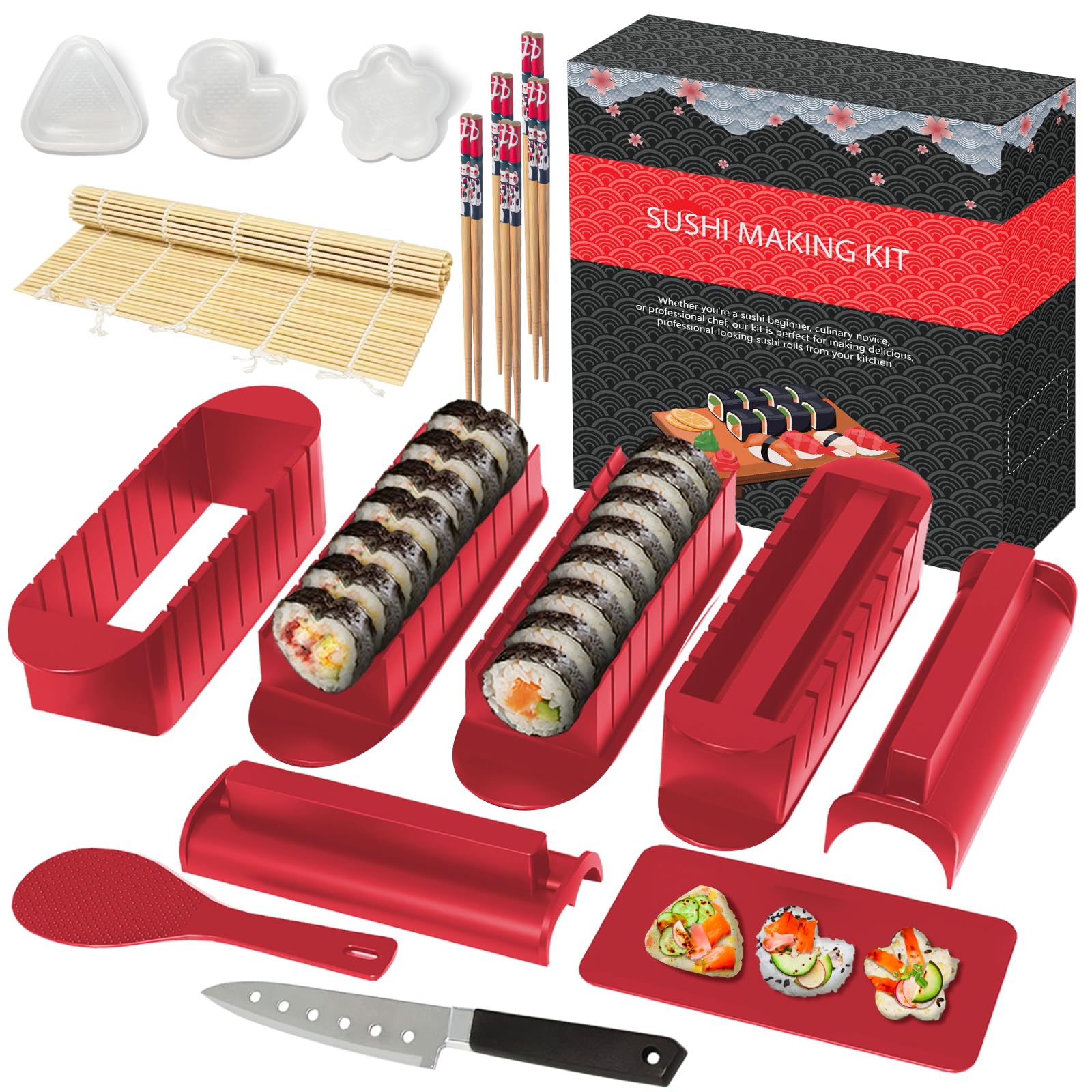 HI NINGER Sushi Maker Kit Completo, 20 Pezzi Set per adatto ai principianti da preparare da soli, con stampo per polpette di riso, coltello, tappetino, bacchette, bset completo Piatti da sushi(rosa)