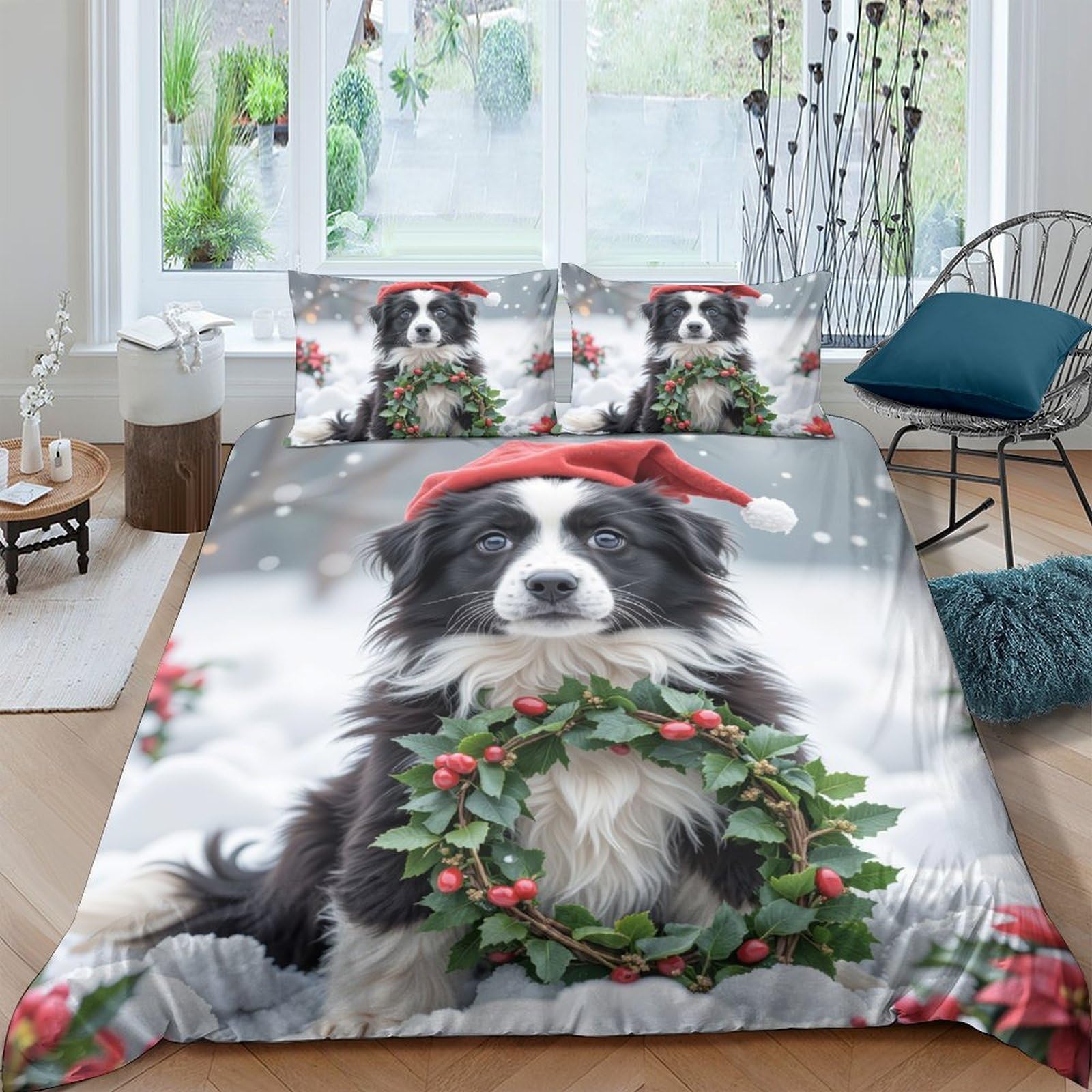 Ctjqhvkz Style-8 3D Printed Christmas Dog Fitted Sheet Microfiber Soft Bedroom Decor Santa Hat Wreath Bed Cover For Home Guest Room Single（135X200cm）