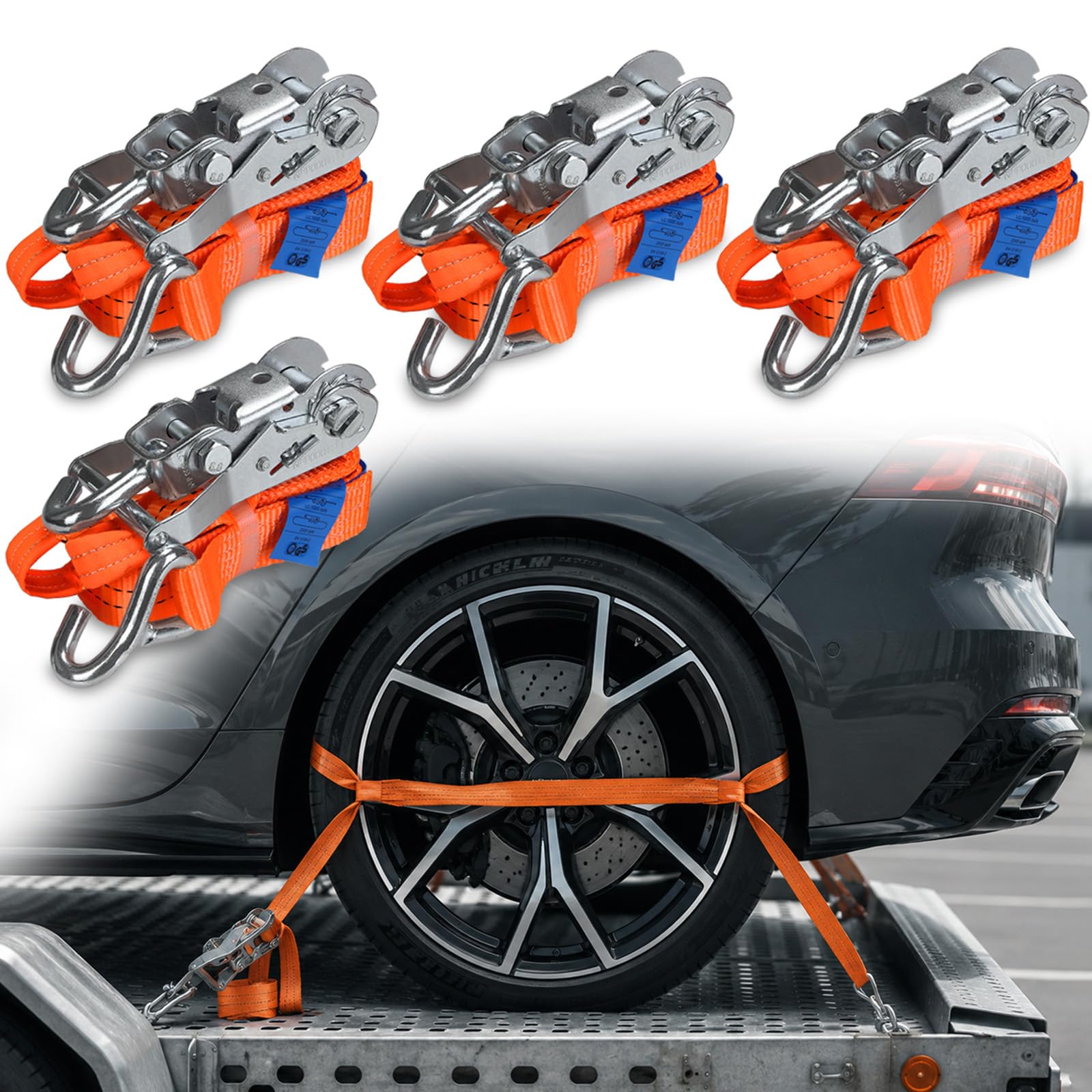 Sangles d'arrimage pour Transport Voiture Lot de 4 Sangles de Serrage 2,9 m Sangle sécuriser Les Roues sur remorques 2000 daN DIN en 12195-2