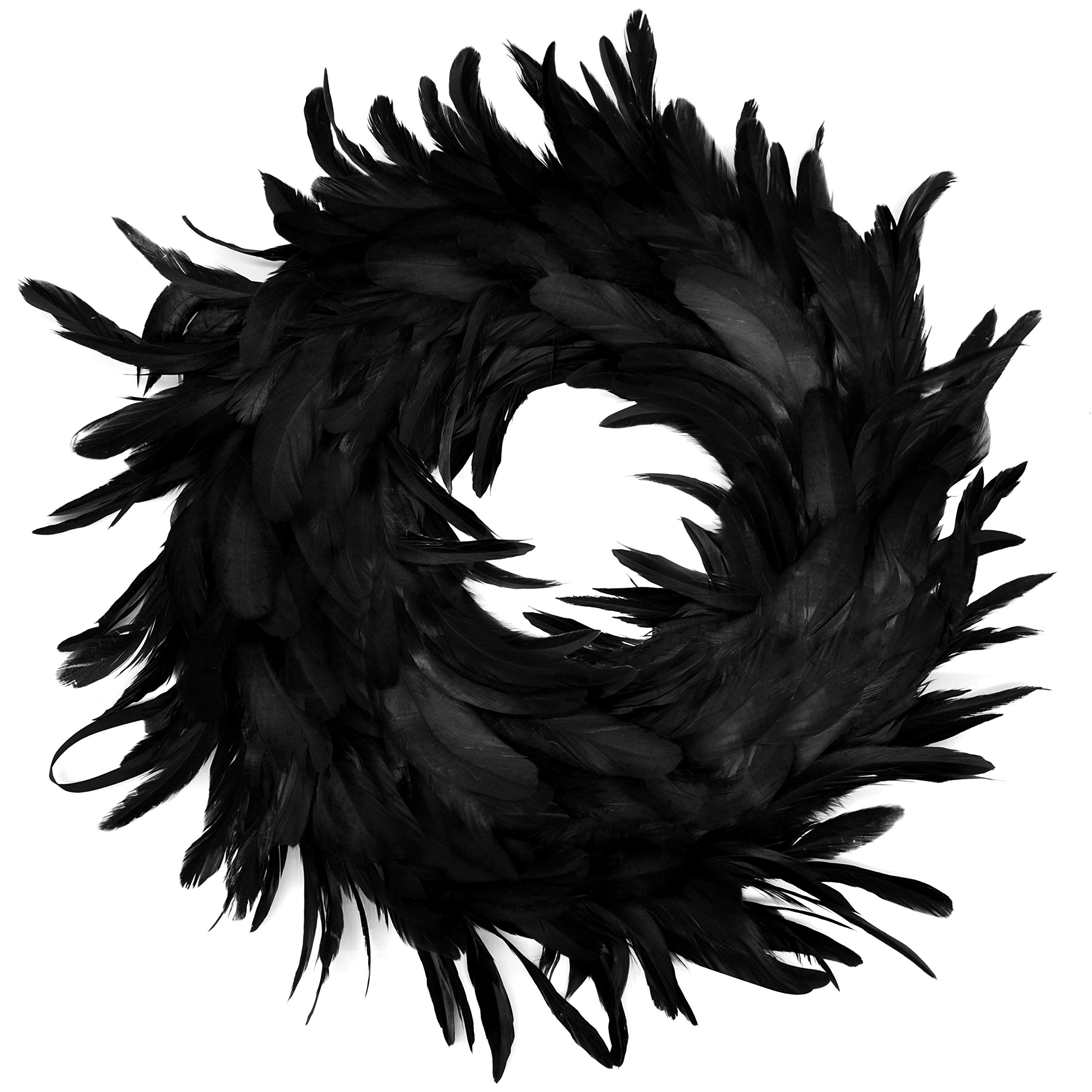JOYIN 13.5" Black Natural Feathers Wreath for Halloween Decorations, Spooky Scene Party