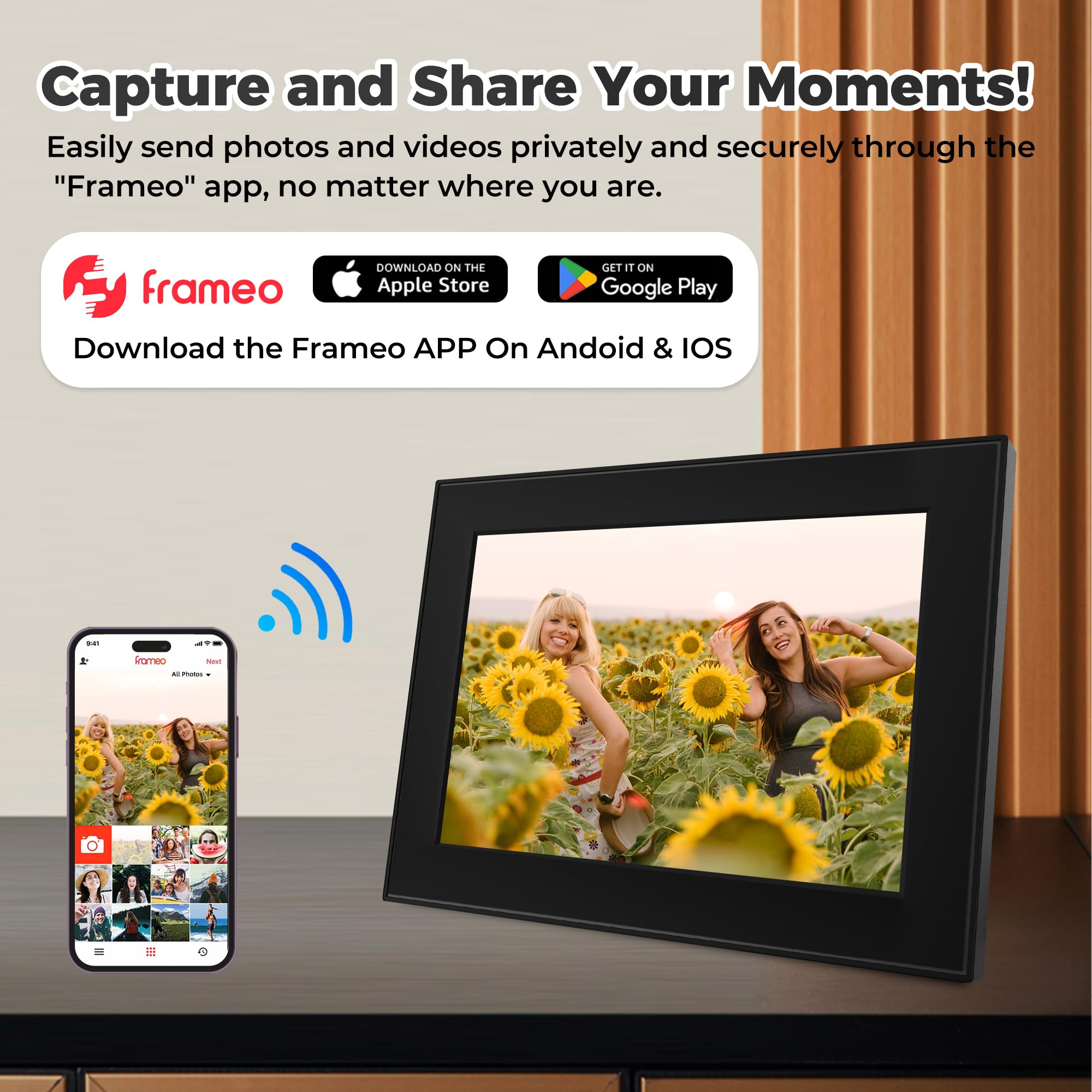Marco de fotos digital WiFi de 32 GB, marco de fotos Frameo de 10.1 pulgadas, pantalla táctil IPS HD de 1280 x 800, rotación automática, comparte fotos/videos al instante a través de la aplicación