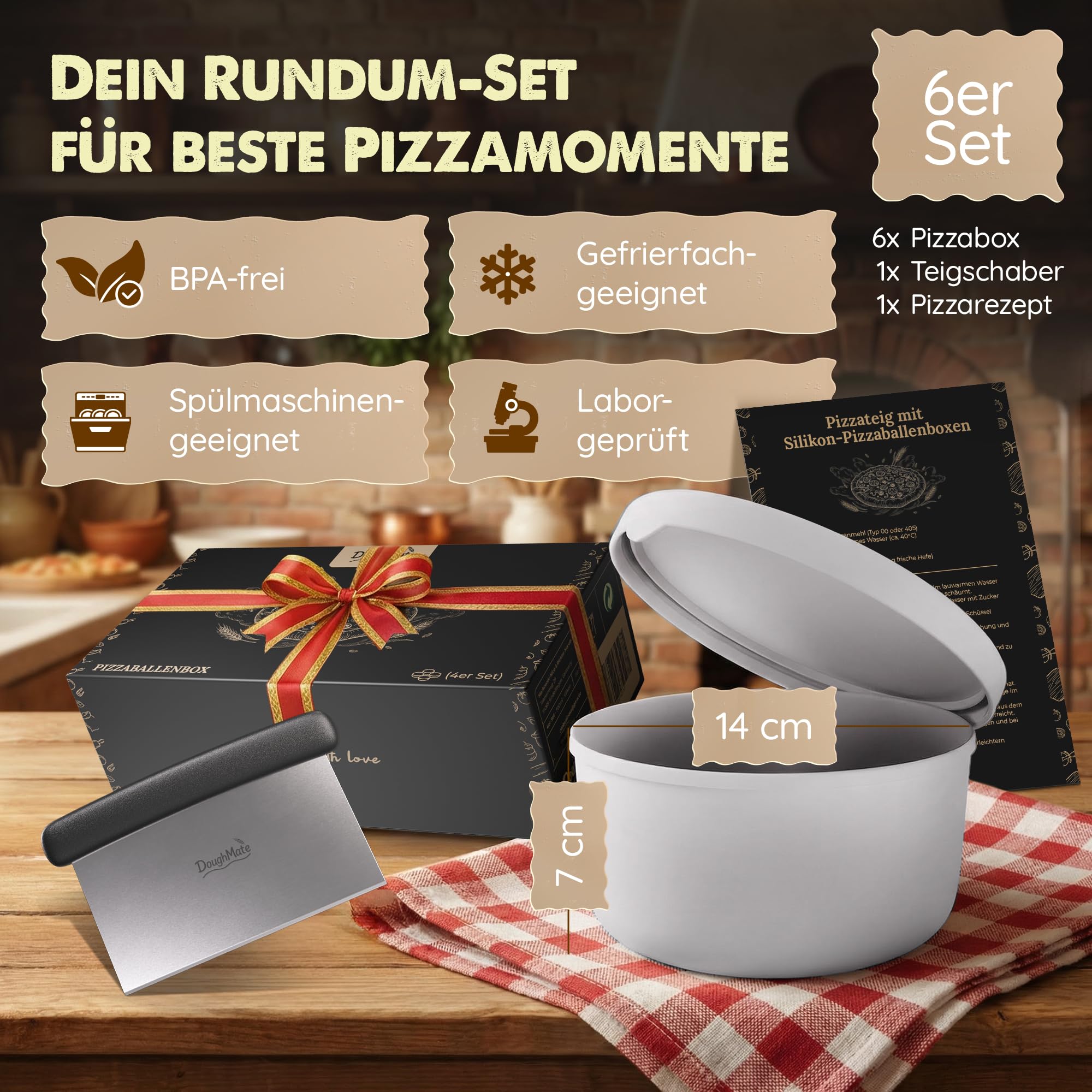 Pudełko na kulki do pizzy z pokrywką, 6 sztuk – idealne jako pudełko na pizzę, pudełko na ciasto, pudełko do fermentacji, do 350 g ciasta na pizzę, silikon zapobiegający przywieraniu, nadaje