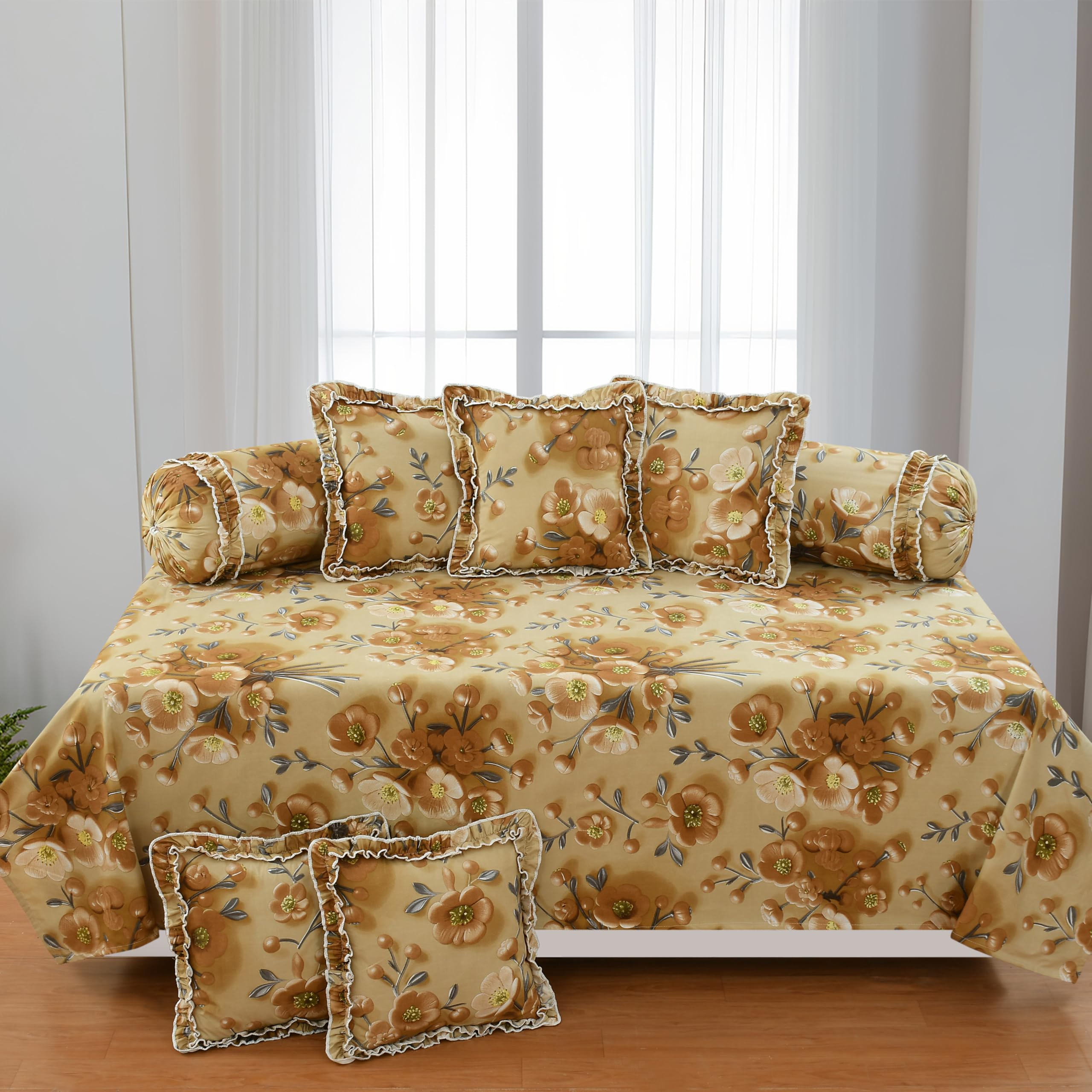 LCF Luxmi Cotton Fabric | Designer Frill Decorated 8 Piece Diwan Set (1 Flat Sheet, 2 Designer Frill Bolster Covers, 5 Designer Frill Cushion Covers) (Golden)-picture-10