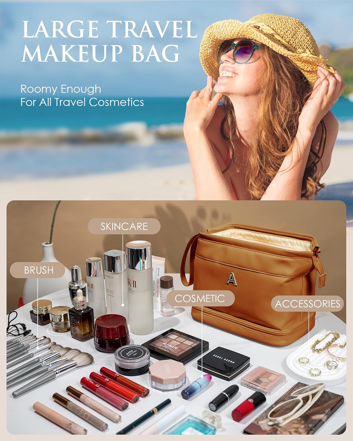 Women Gifts, Personalized Makeup Bag, Monogrammed Gifts, Initial Double Layer Cosmetic Bag with Makeup Brush Organizer, Travel Toiletry Bag, Gifts for Friends Female Mom, Teen Girl Gifts - Image 6