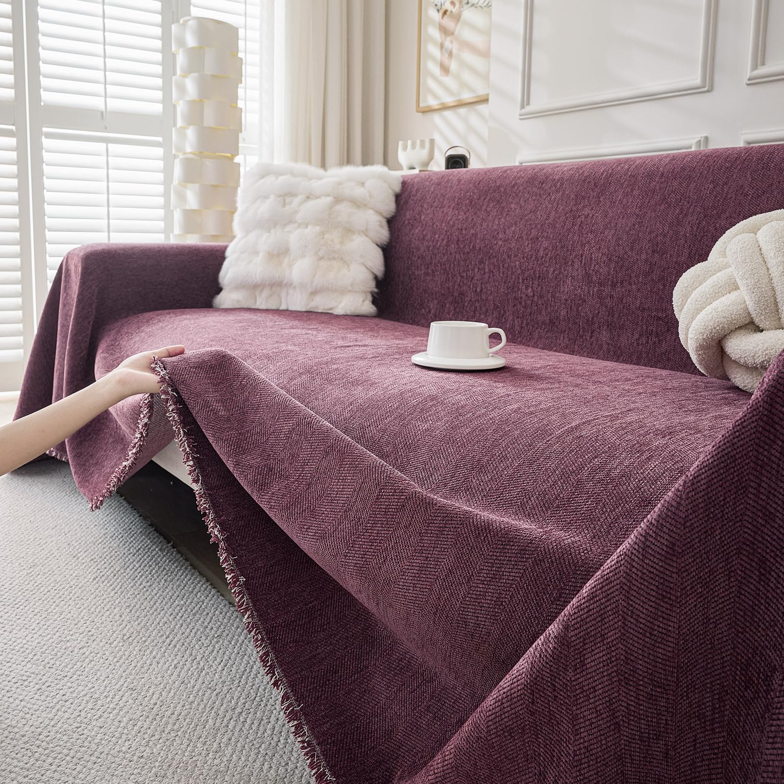TAOTAOGO Sofa Cover 4 Seater Chenille Corner Sofa Slipcover Washable L Shape Sectional Couch Cover Furniture Protector for Pet All-Season B Purple 230x420cm
