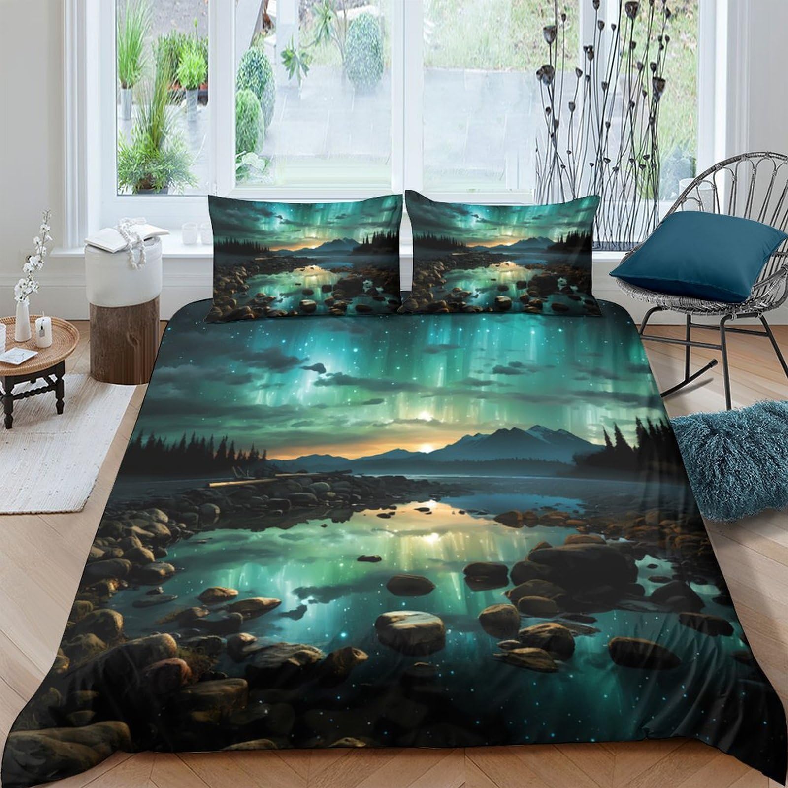 Ctjqhvkz Style-6 3D Printed Aurora Lake Fitted Sheet Microfiber Soft Anti-Slip Midnight Forest Mattress Cover For Bedroom Home Decor Single（135X200cm）