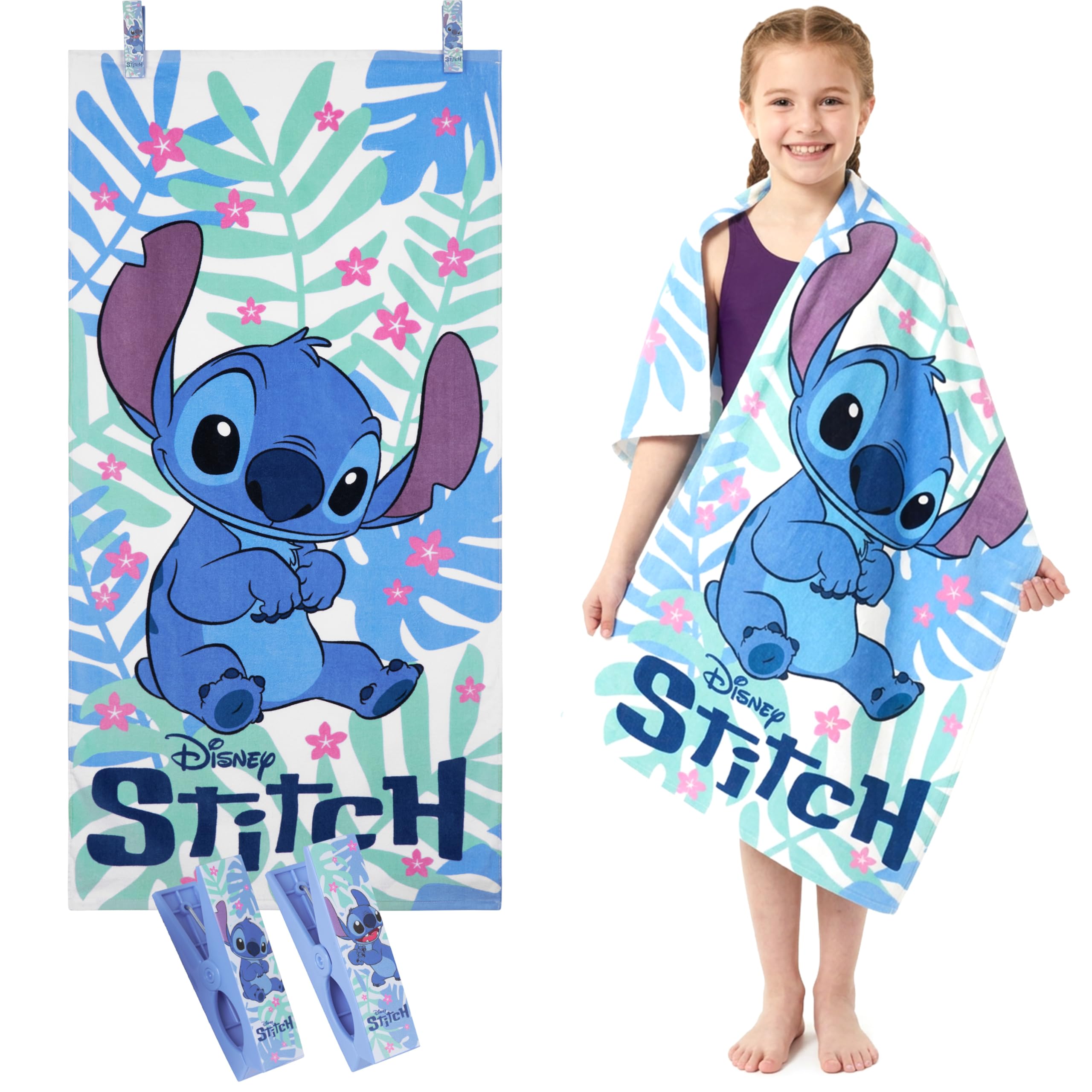 Disney Stitch Towels for Kids with 2 Pegs Clips Beach Towel Soft Absorbent Bath Shower Swimming Towel 100% Cotton Quick Dry Holiday Essentials 140x70cm