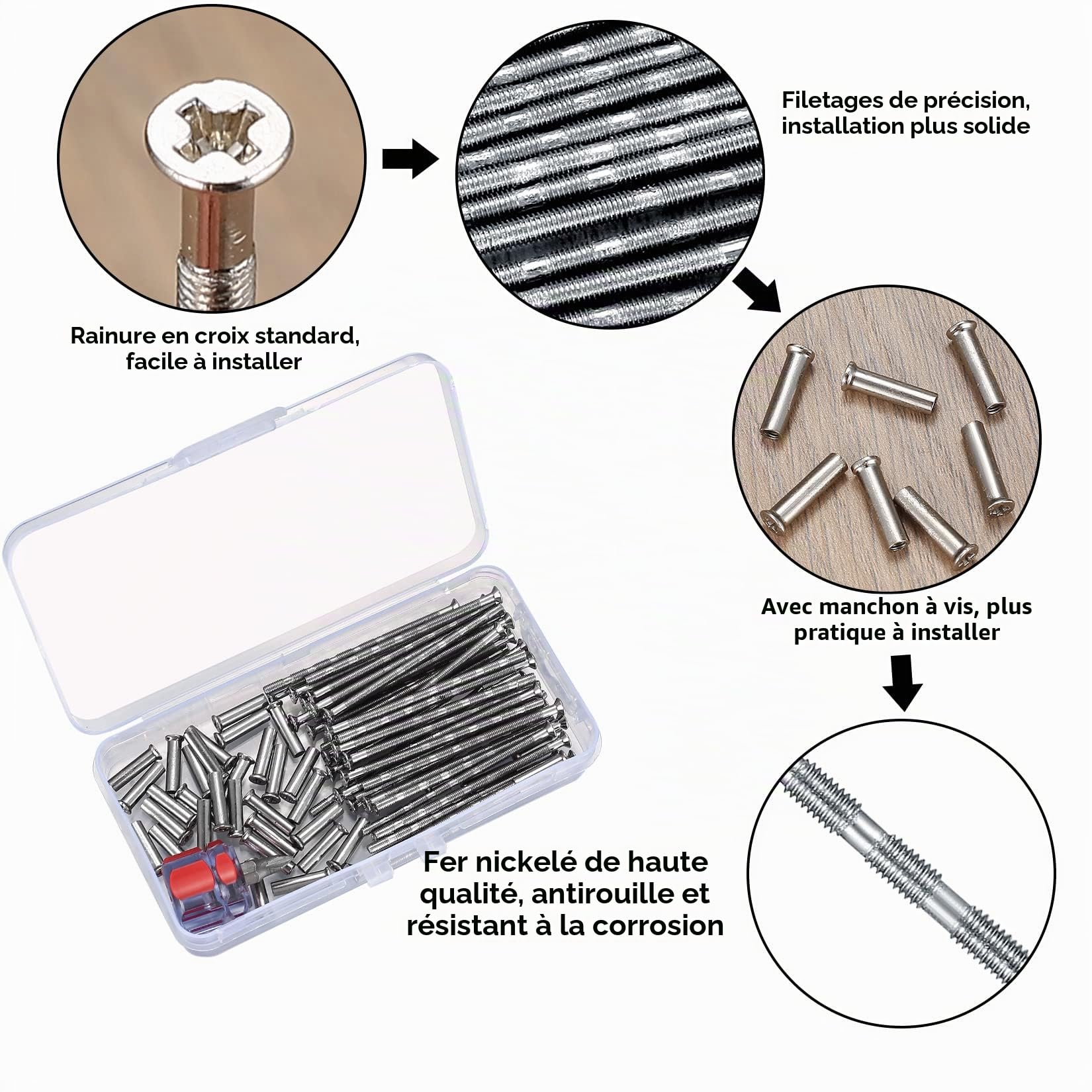 80 Pièces M3 Vis de Poignée Porte avec Boulon Kit (40 Vis + 40 Boulons), Connexion d'Assemblage avec Manchon pour Poignées de Porte Serrures, avec Mini Tournevis