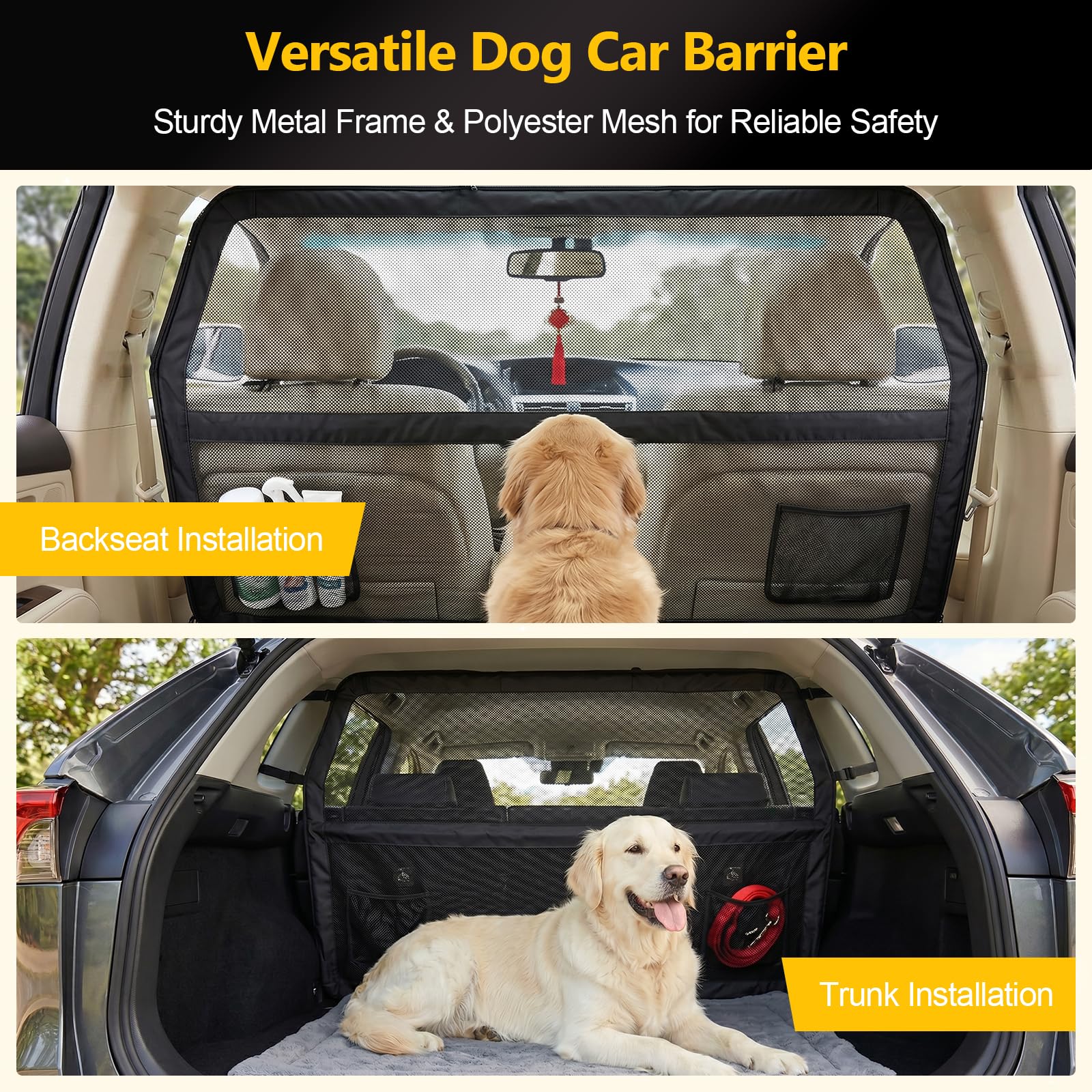 Hundegitter Auto mit Metallrahmen & Sichtnetz, 127 x 142 x 81cm Haustierbarriere Schutznetz Barriere Trennnetz, Universal Hunde Barriere für Kofferraum oder Rücksitz, für SUVs Lkws Fahrzeuge, Schwarz
