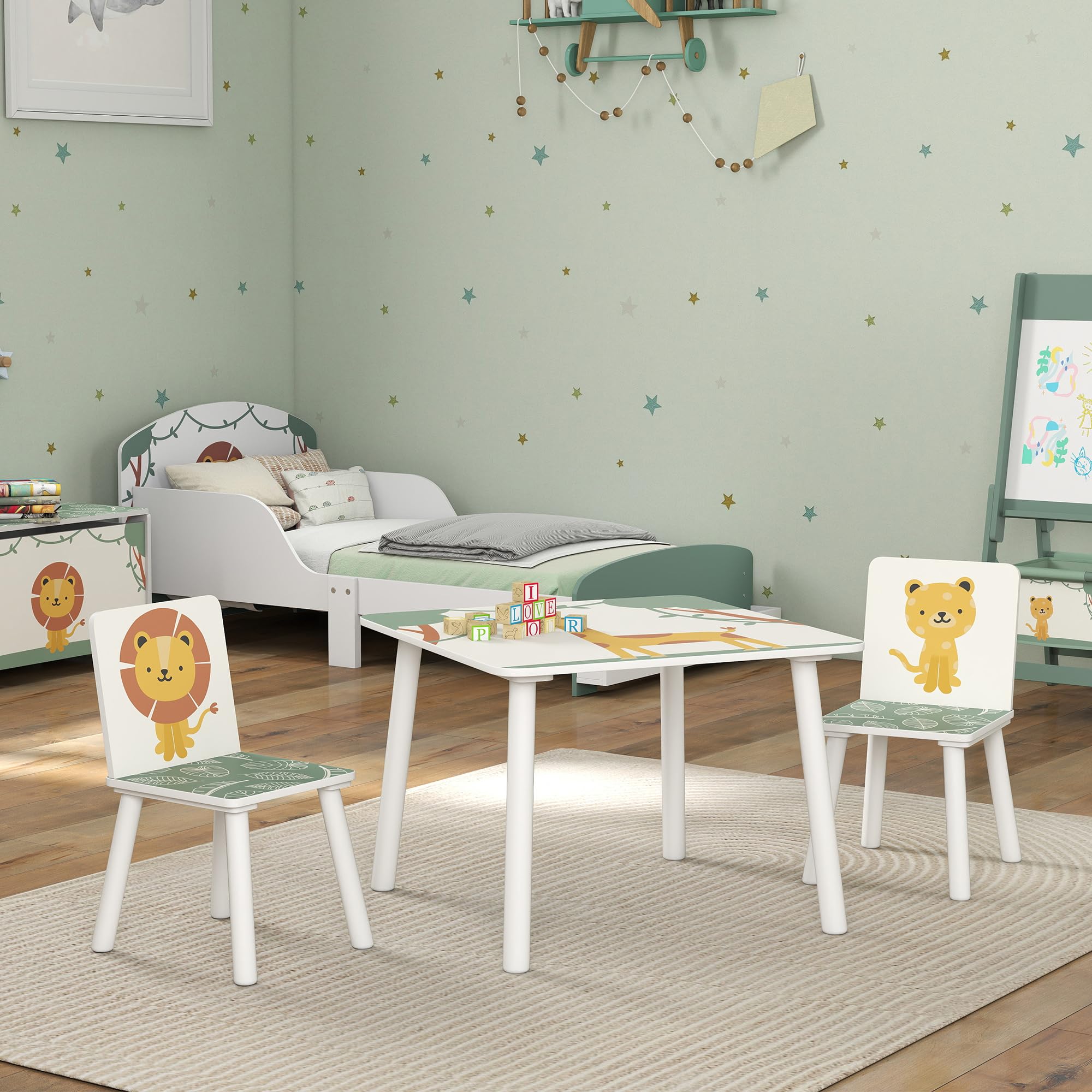 AIYAPLAY Table Enfant avec 2 Chaises en Bois pour Dessiner, Jouer, étudier, Motifs Animaux, Vert, 3-8 Ans