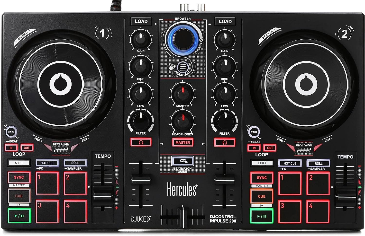 Hercules DJControl Inpulse 200 – DJ controller with USB, ideal for beginners learning to mix - 2 tracks with 8 pads and sound card - Software and tutorials included