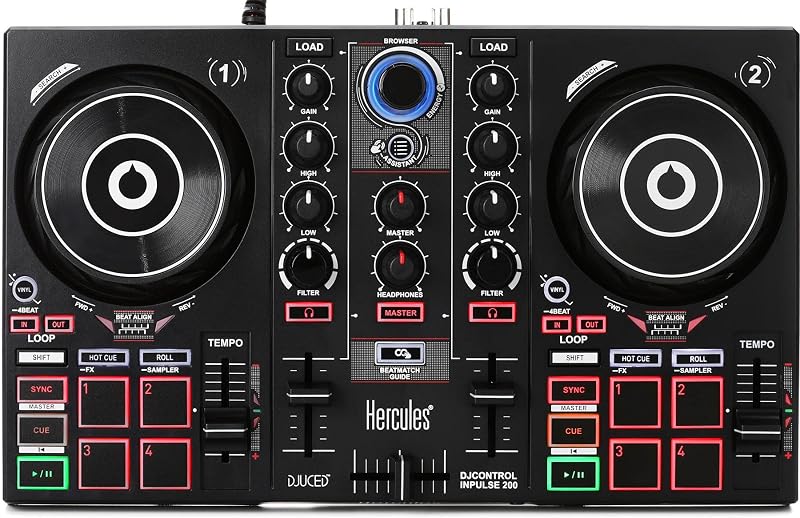 Hercules DJControl Inpulse 200 – DJ controller with USB, ideal for beginners learning to mix - 2 tracks with 8 pads and sound card - Software and tutorials included