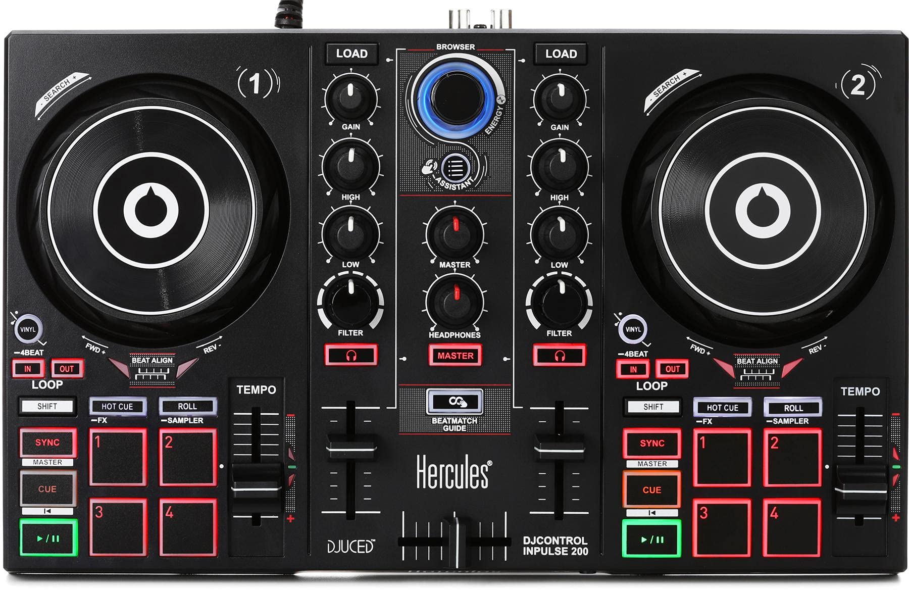 Portable USB DJ controller with Beatmatch Guide and DJ software.
