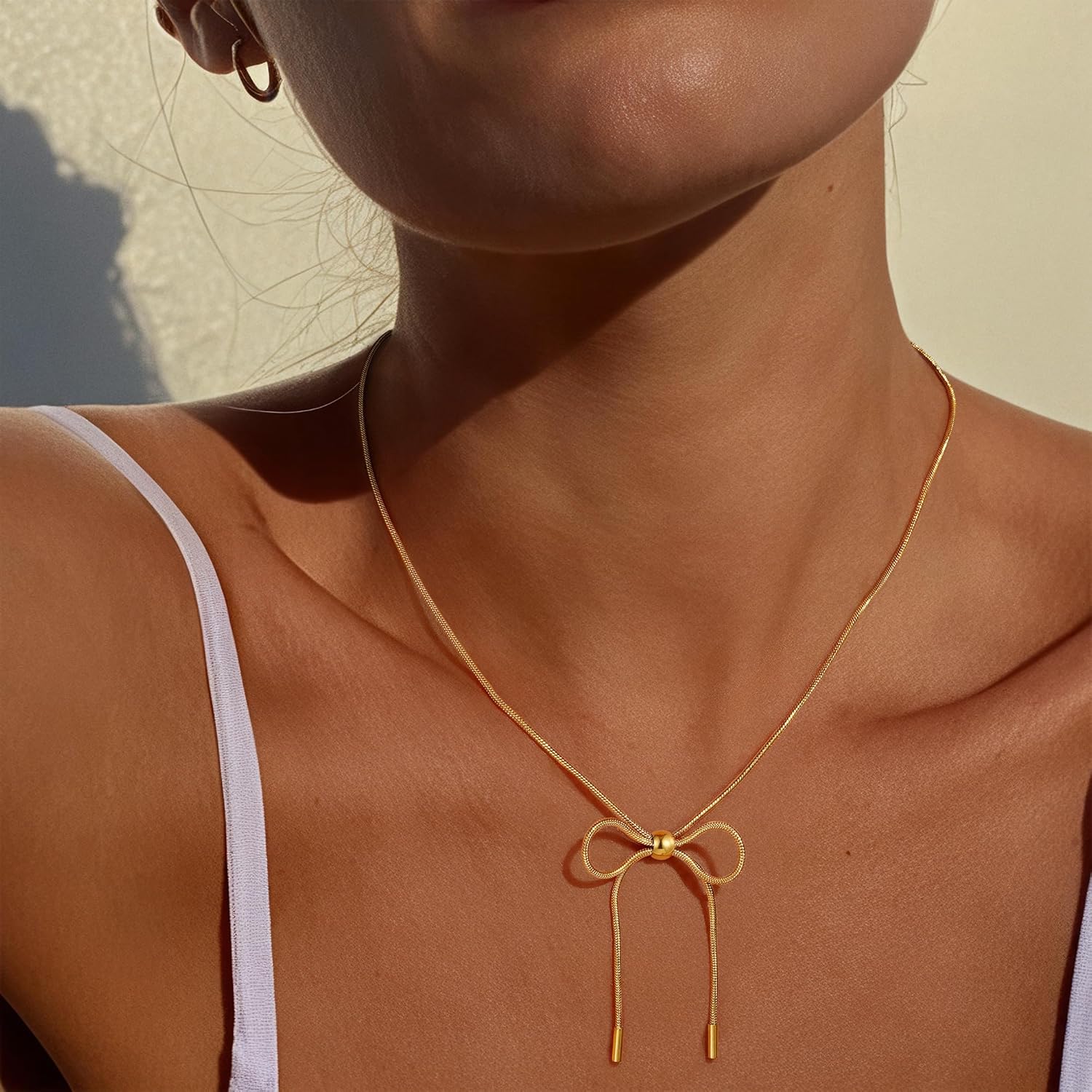 Gold Bow Necklace for Women - 18K Gold Plated Dainty Gold Necklace Cute Small Tiny Bow Pendant Choker Chain Necklaces Trendy Necklaces for Women Gold Jewelry Gift - Image 2