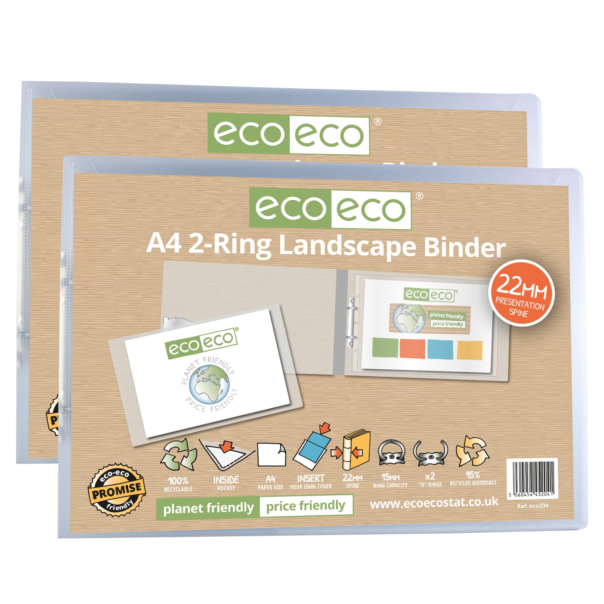 eco-eco A4 95% Recycled Presentation 22mm Spine 2 Ring Landscape Binder Clear, Pack of 2, eco204x2
