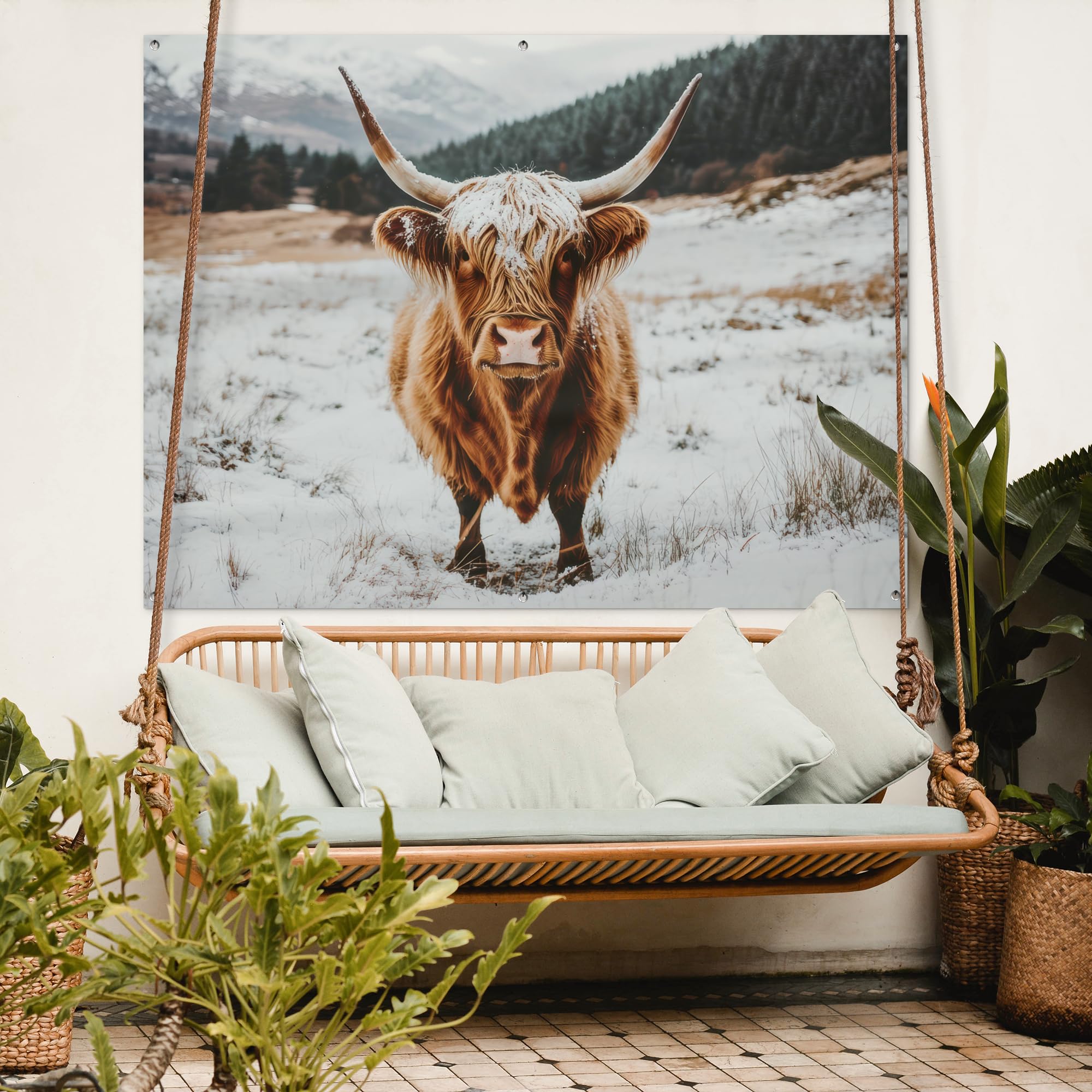 MuchoWow© Poster De Jardin Decoracion Balcón Wall Decoration Adornos Pared | 160x120 cm - Terraza Exterior Decoración Patio Posters Decorativos Highlander escocés - Paisaje - Nieve - Montañas