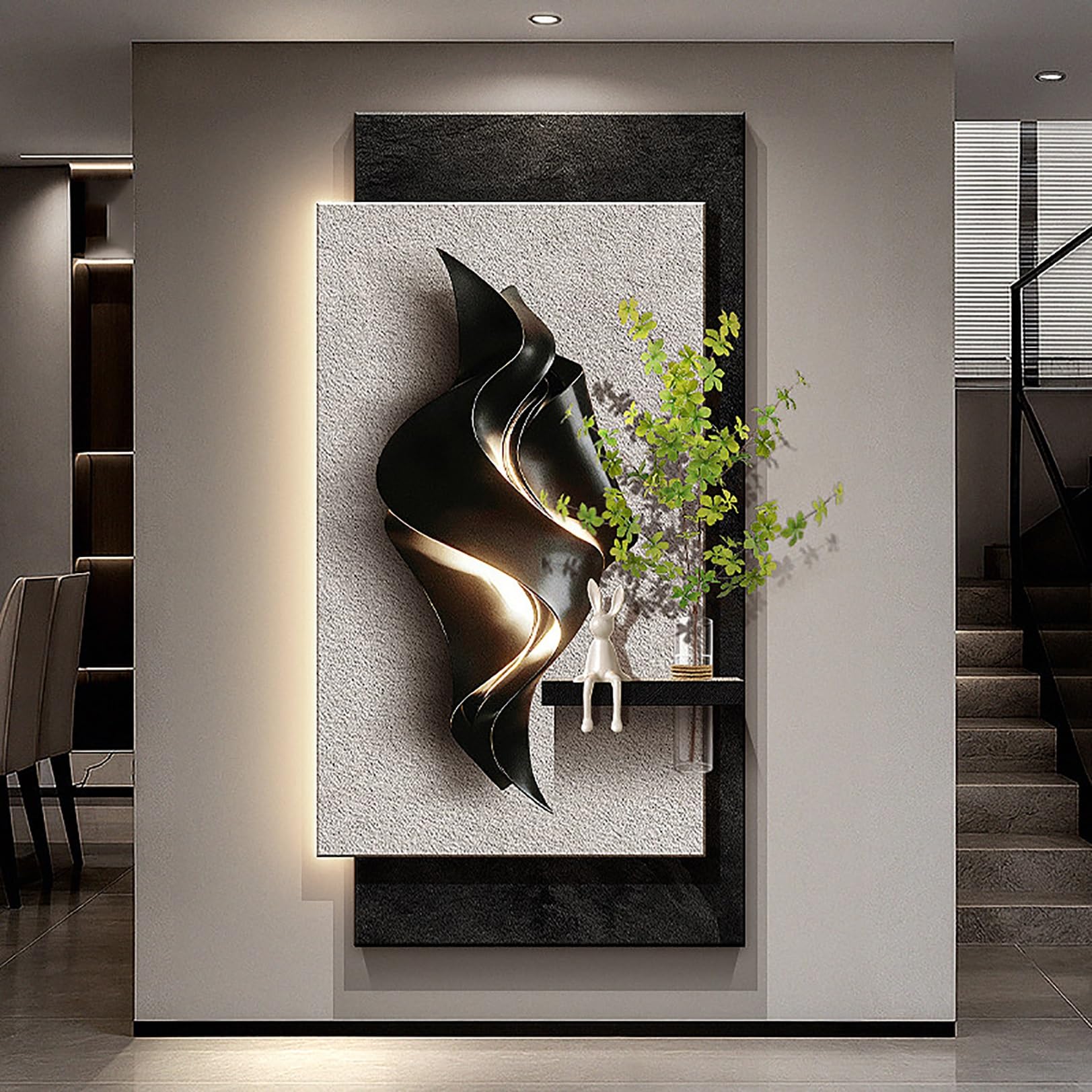 Wanddeko mit LED-Licht & Vasen, Moderne Wandkunst für Wohnzimmer | Sandstein-Finish, 3D-Struktur, LED-Ambiente, Eingangsbereich(Color D,50x100cm/20x39in)