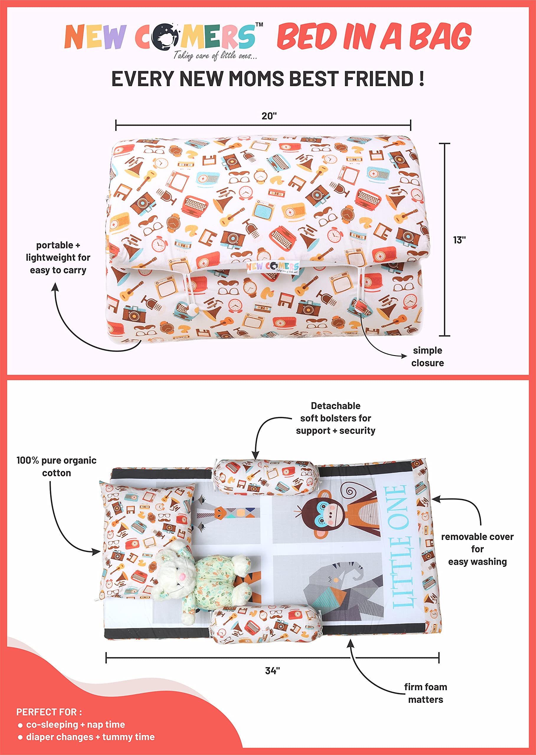 NEW COMERS®Baby Bedding Set for New Born Cotton 5 Pieces Foldable Set with Pillow,Bolsters and Tent Mosquito Net|Infant Playmat and Cot|Toddler Mattress -86X51 cm(0-18 Month)-305 4