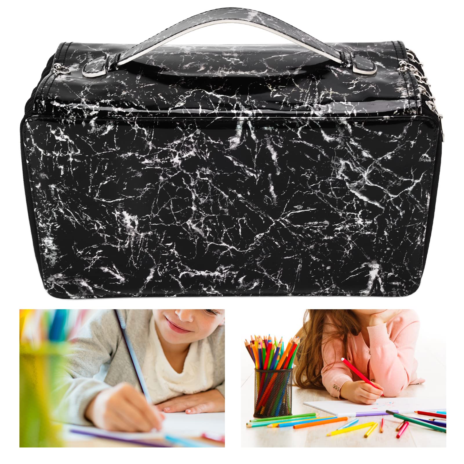 Estuche para Lápices Tela Oxford 360 Agujeros Gran Capacidad Cuidadosamente Prensado Sensación Cómoda Caja de Papelería con Cremallera Brillante con Asa 3 Colores(negro)
