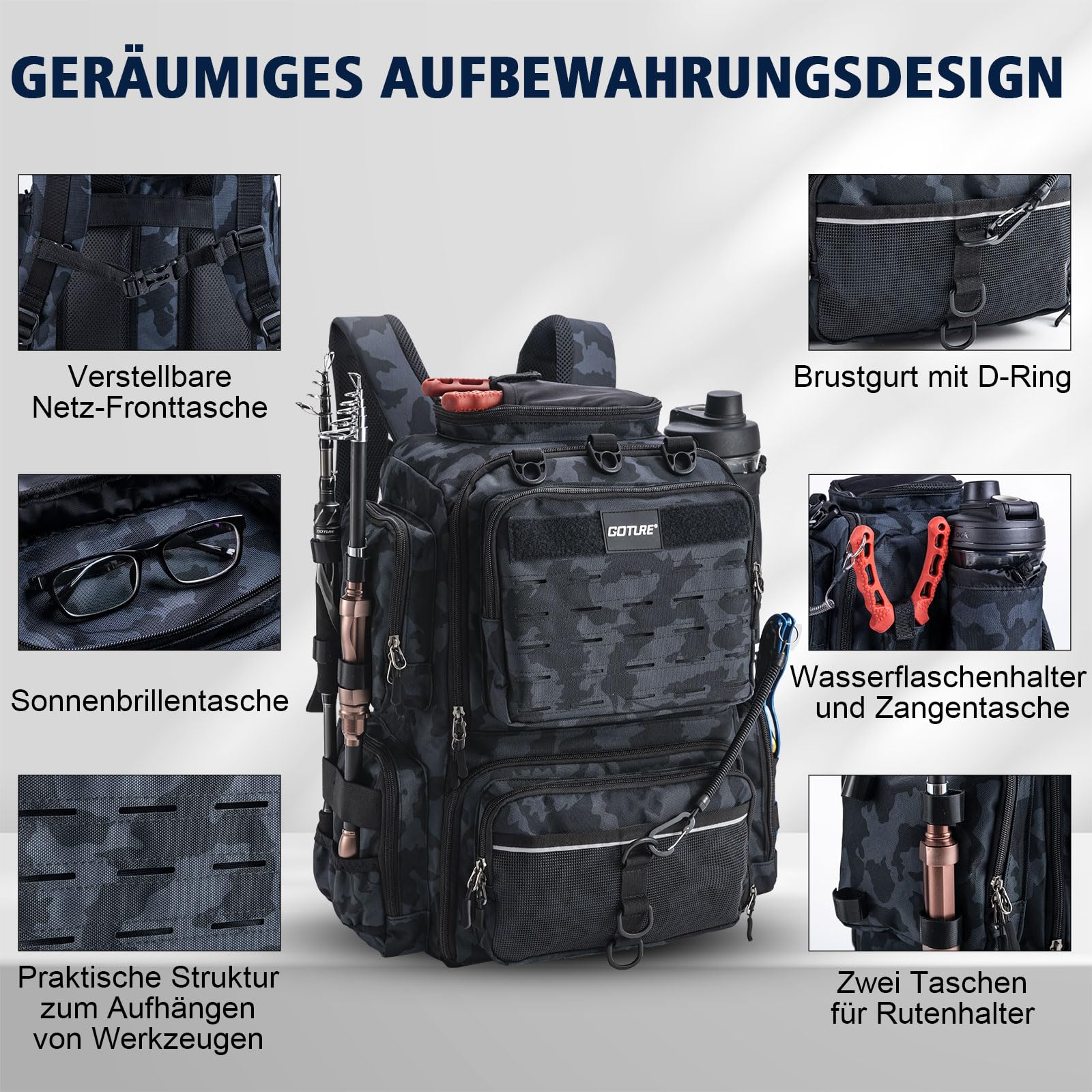 Goture Zaino da pesca, zaino per accessori da pesca con due supporti per canna e parapioggia, borsa per attrezzi da pesca impermeabile con scomparto regolabile e 8 tasche per esche, zaino da 45 litri