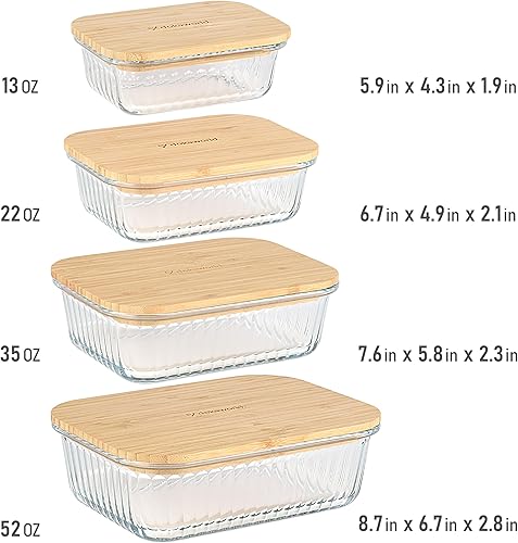 Miniatura 2 de Juego de tupperware de vidrio acanalado con tapas de bambú, 4 recipientes apilables para preparación de comidas. Vidrio de borosilicato inerte