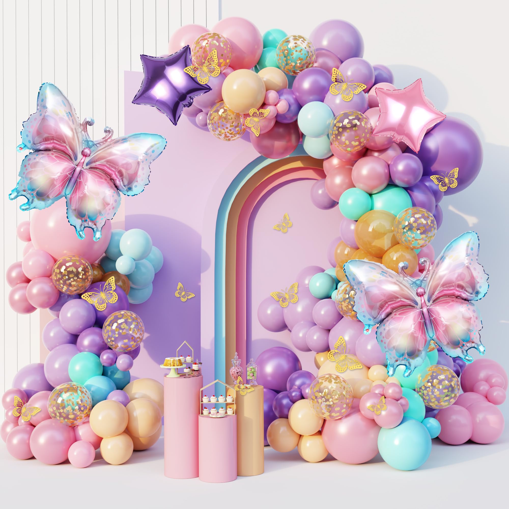 163Pcs Butterfly Pink and Purple Balloons Garland Arch Kit, Birthday Baby Shower Decorations Pink Purple Blue Confetti Star Balloons for Girls Women Mother Day Butterfly Party Baby Shower Supplies