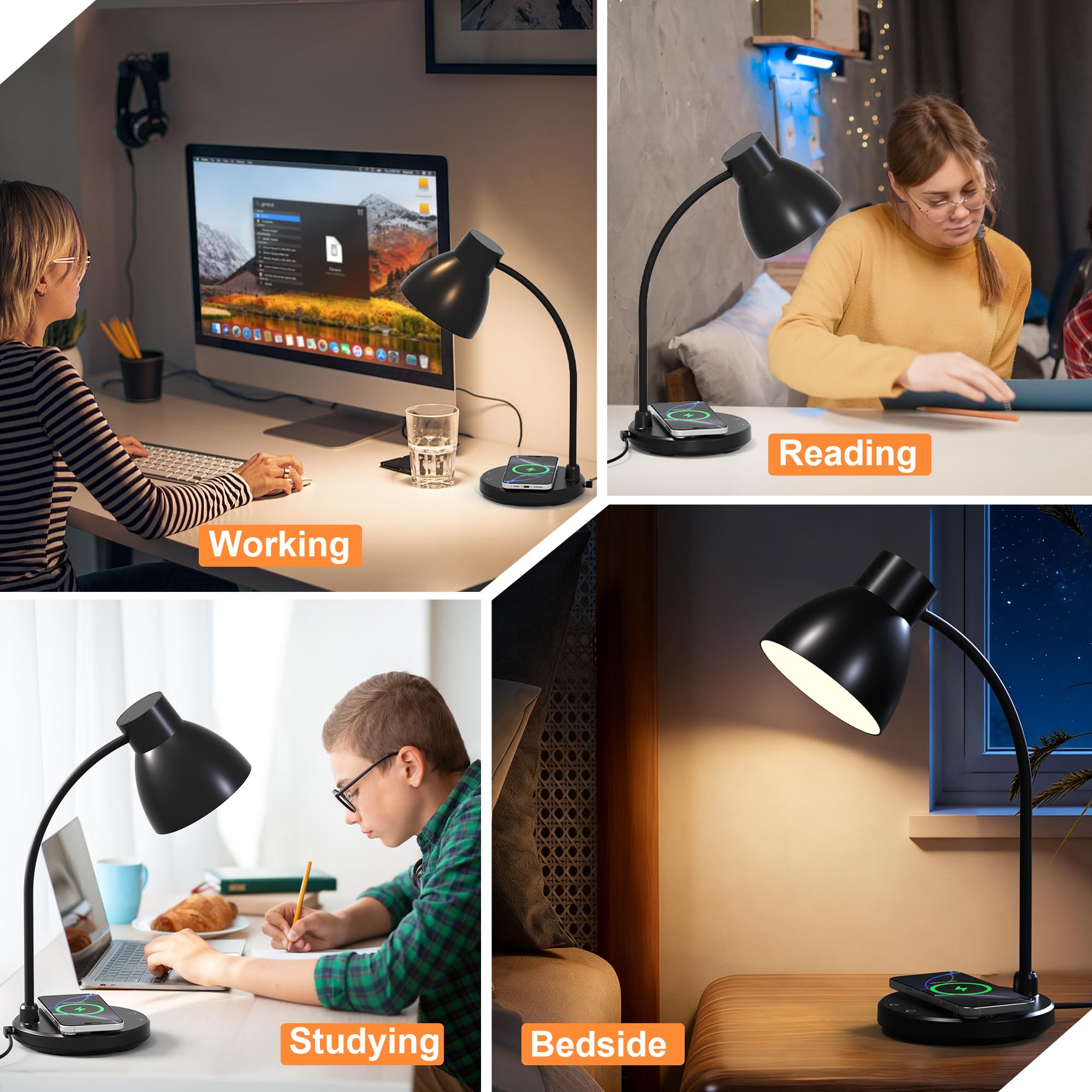 Lampade da scrivania per casa e ufficio, lampada da scrivania a LED con caricabatterie wireless, 3 modalità di colore, dimmerabile, luce da tavolo per studio, lettura e lettura, piccolo