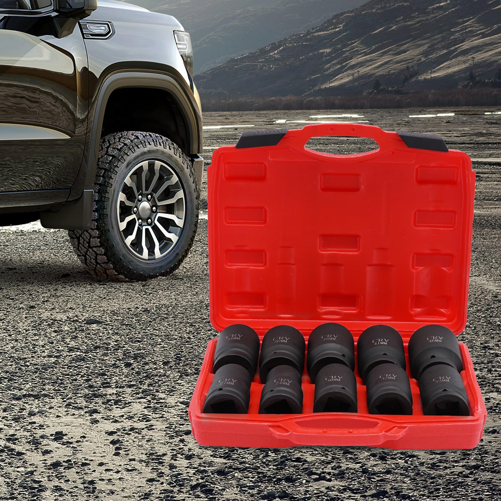 Set di boccole scosse 10 pezzi da 1 pollice, prese esagonali metriche 24-46 mm, scatola di immagazzinaggio meccanica 45 # acciaio fosfato, per automotive camion officina, scatola di immagazzinaggio 32