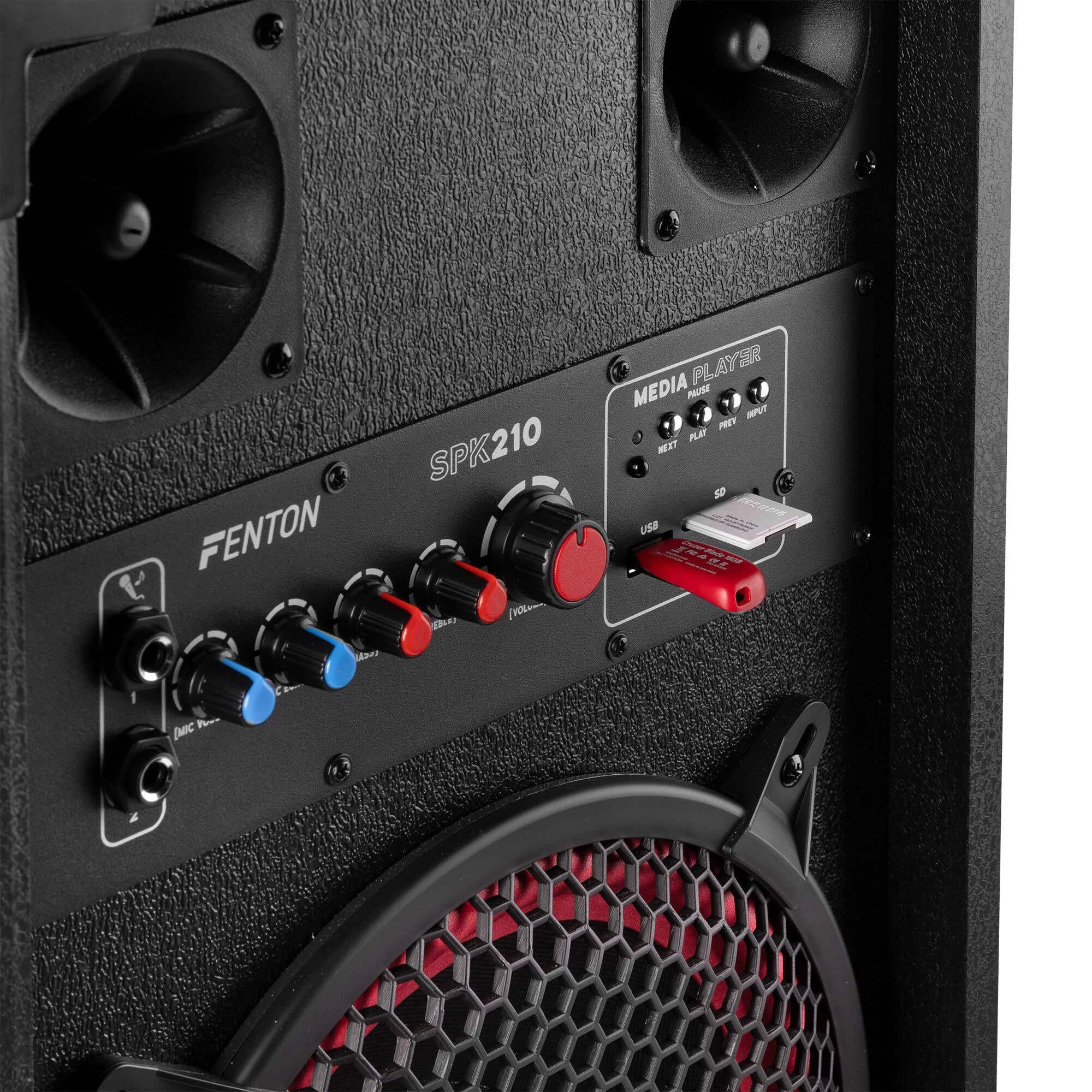 Fenton SPK210 – Altoparlanti attivi PA doppio woofer da 10 pollici Bluetooth MP3 USB SD due ingressi micro eco regolabile suono potente per feste karaoke altoparlanti portatili con amplificatore