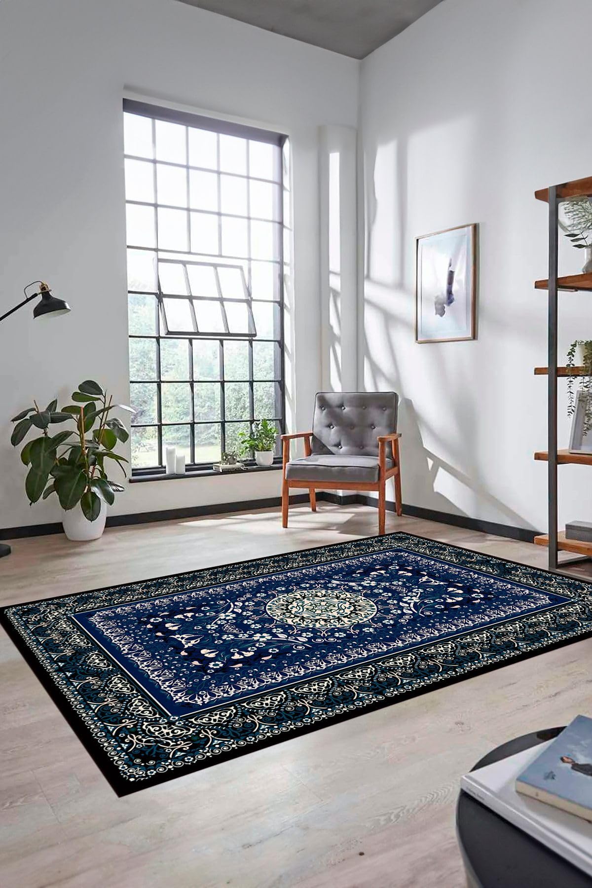 Evdeya Şık Klasik Desen Dijital Kaymaz Taban Yıkanabilir Yolluk Mutfak Salon Halısı KLASİK-14, Mavi, 80 x 200