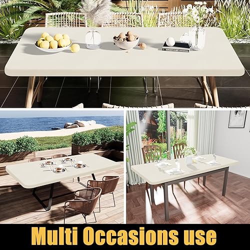 Miniatura 6 de smiry Mantel rectangular, mantel de vinilo elástico ajustable con parte trasera de franela para mesas plegables de 6 pies, fundas impermeables y
