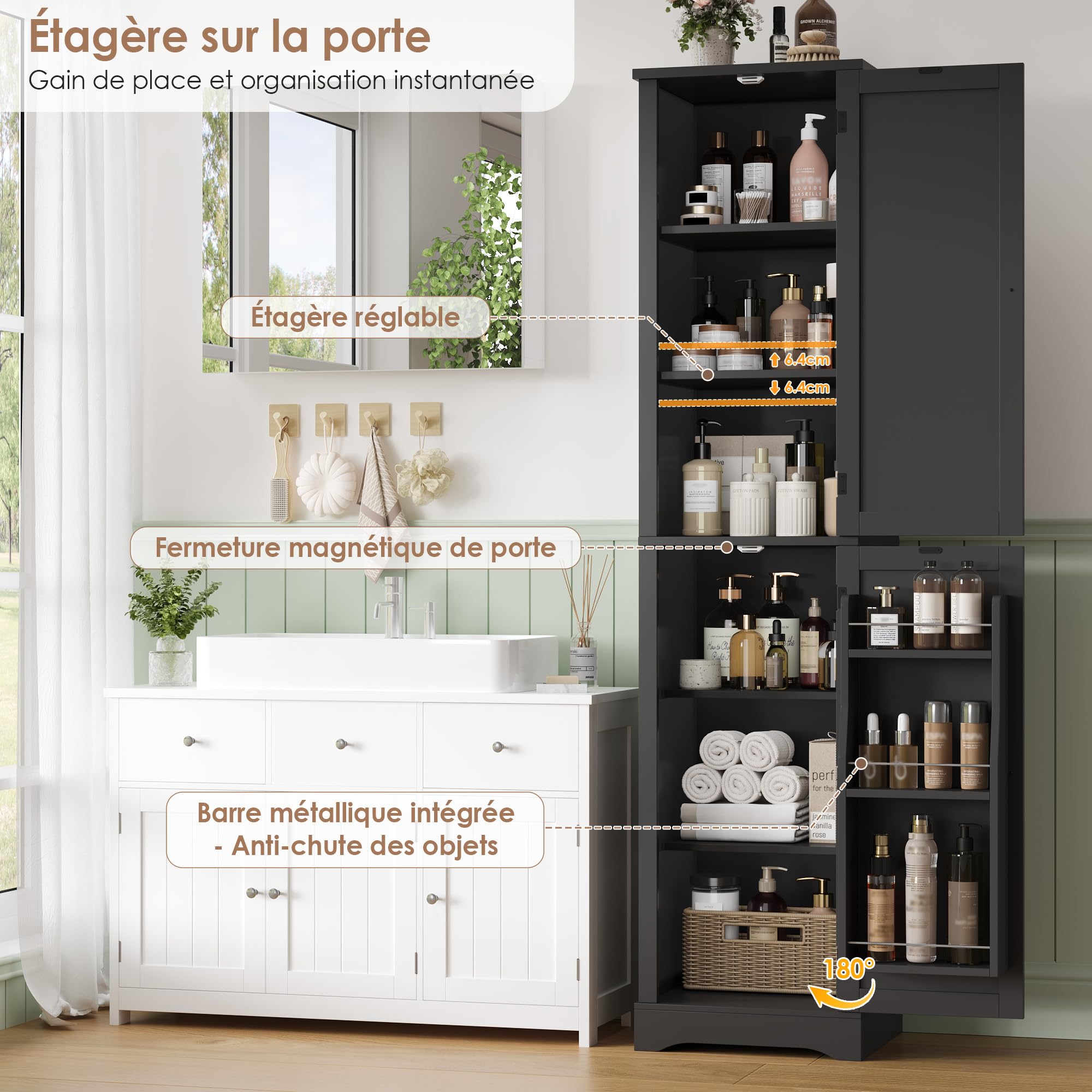 FOREHILL Meuble Colonne Salle de Bain Étroit avec 9 Étagères 40x30x180cm