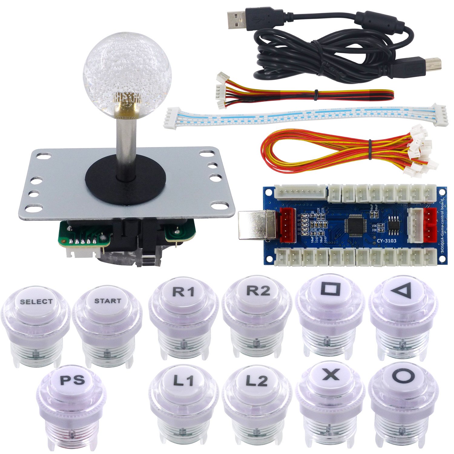 SJ@JX Arcade Game Kit DIY Part Zero Delay PS3 USB Encoder Board Push Button Joystick Controller Light for Xbox Style Windows PS3 Retro Pie PC MAME Raspberry Pi NES