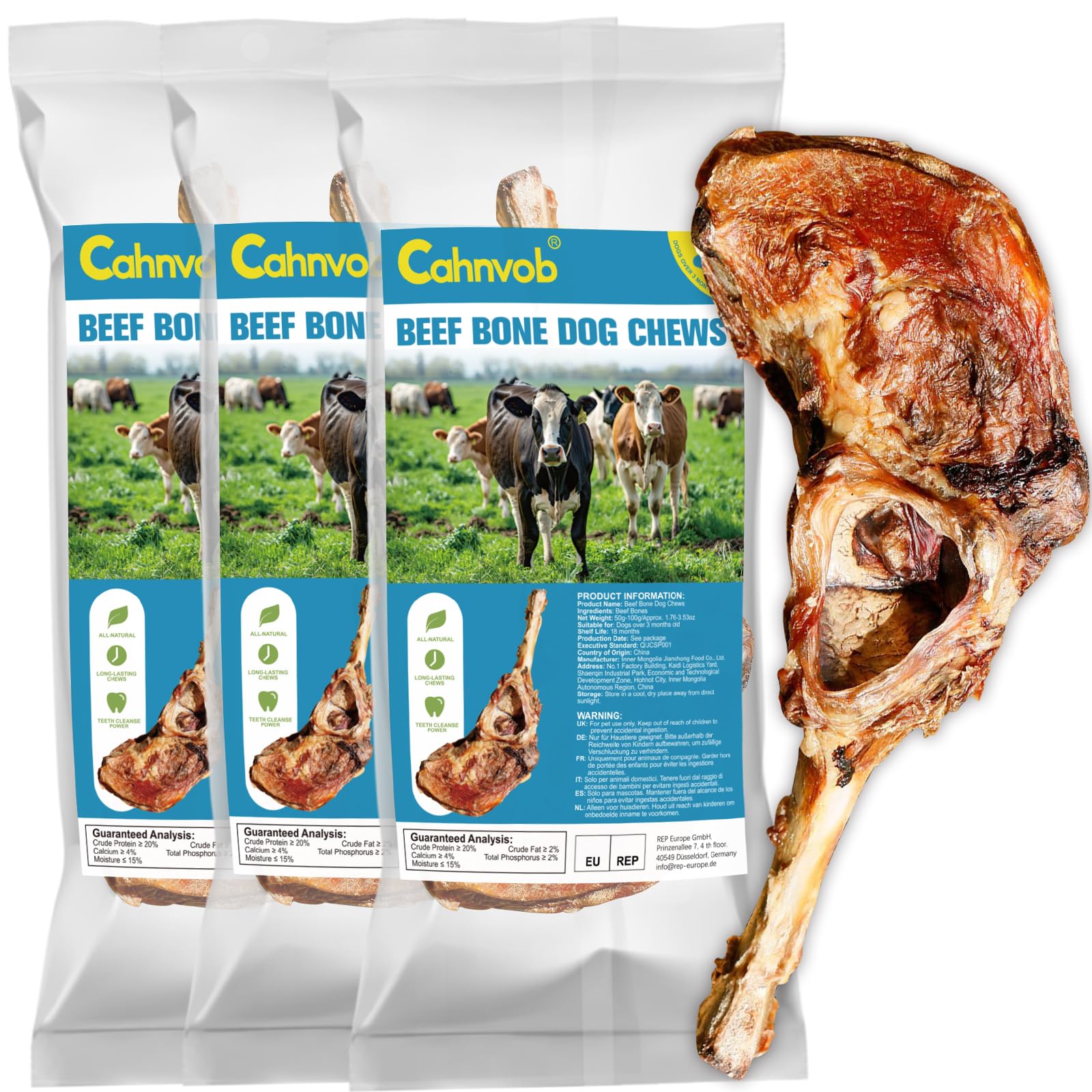 Hueso de Res Natural para Perro, Premio masticable Duradero, ingrediente único, Premio masticable digestible para Salud Dental (Paquete de 3)