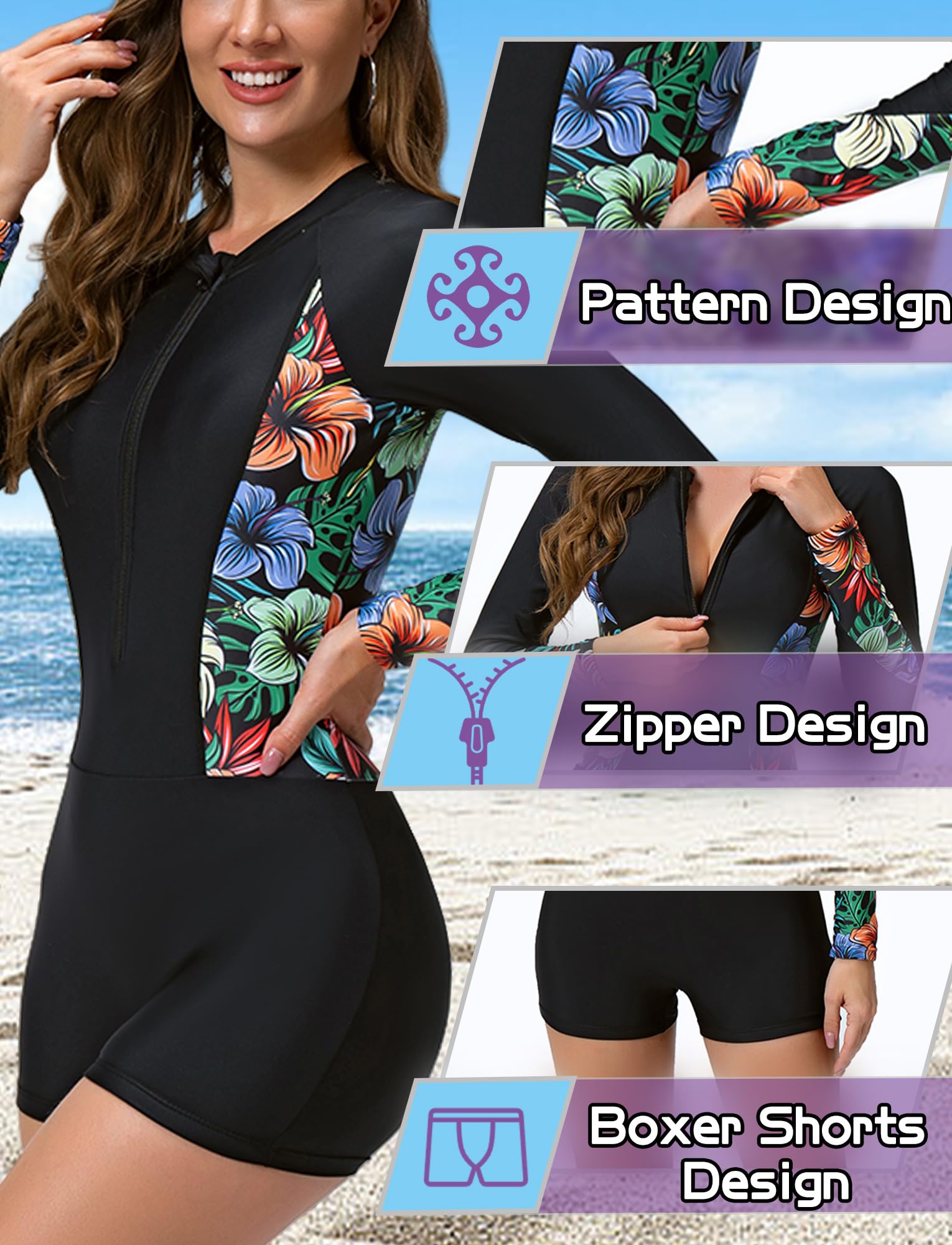 Maillot de Bain à Manches Longues Femme Rashguard Une Pièce Dame Maillot UPF 50+ UV Surf Plage Swimsuit xs-2xl