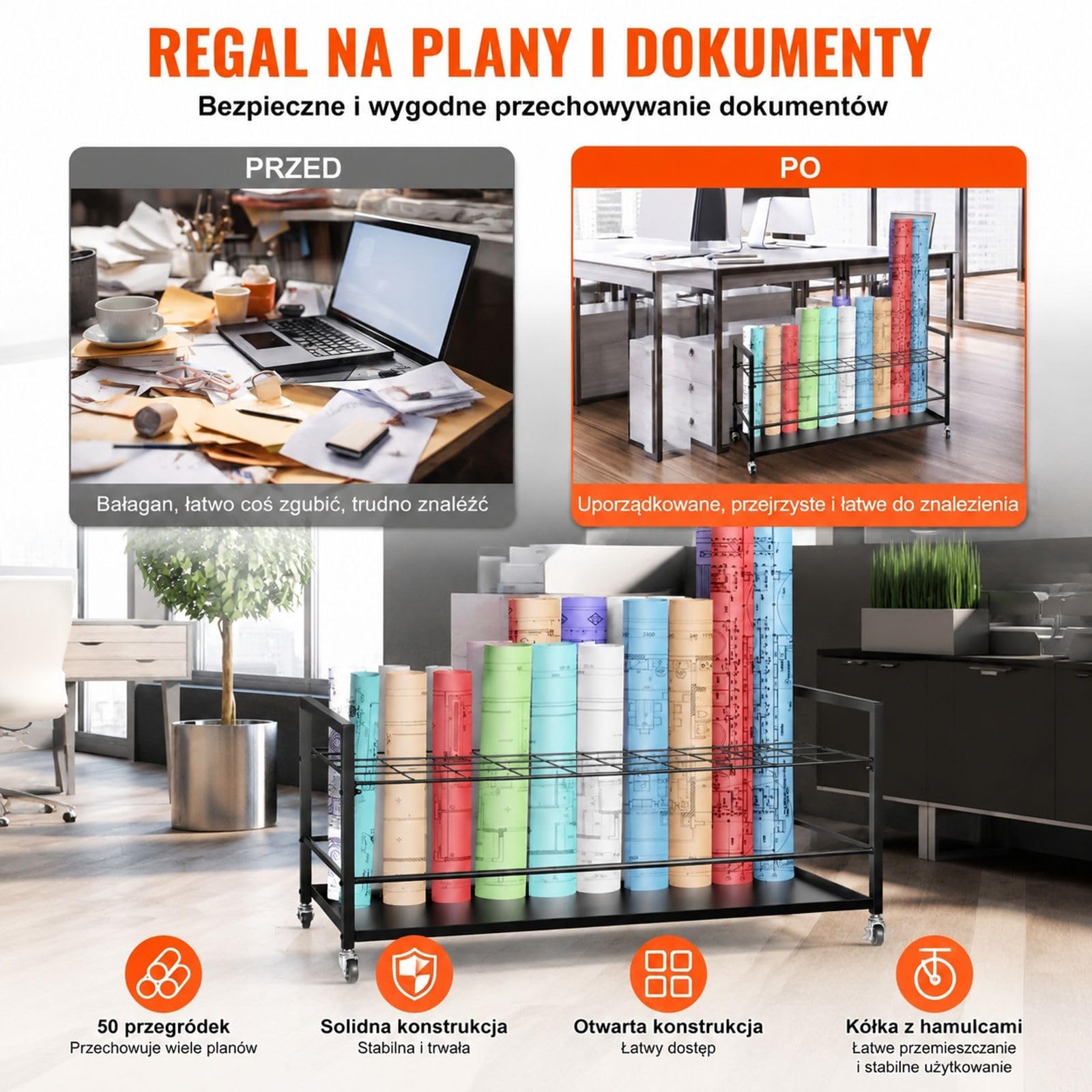 Metalowy stojak na plany z 50 przegródkami i kółkami, czarny mobilny uchwyt na mapy, plakaty i dokumenty do domu, biura i szkoły