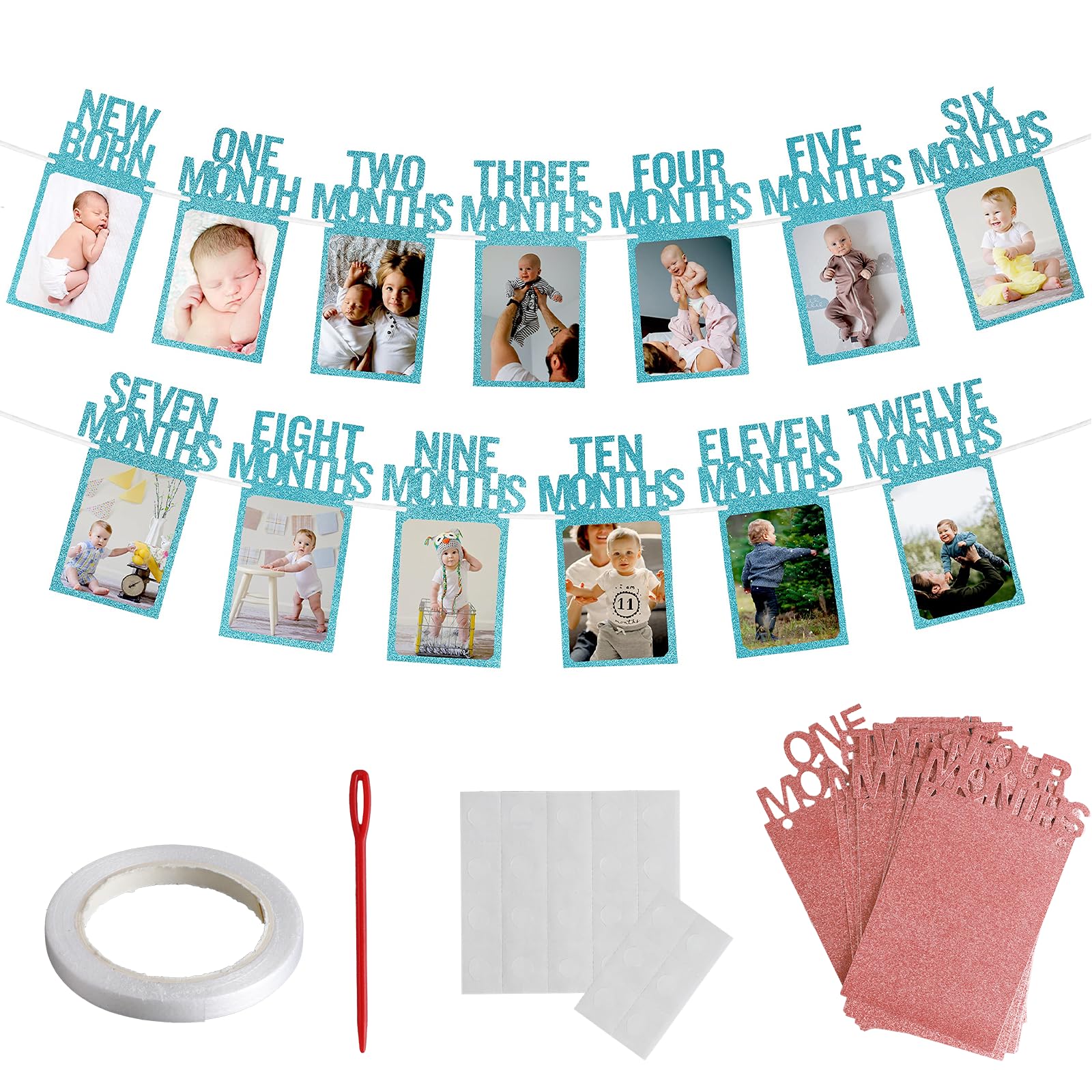 1st Birthday Banner Birthday Banners for Girls Boys Baby Shower Banner Newborn to 12 Months Display Party Decoration Monthly Milestone Photograph Bunting Garland (Blue)