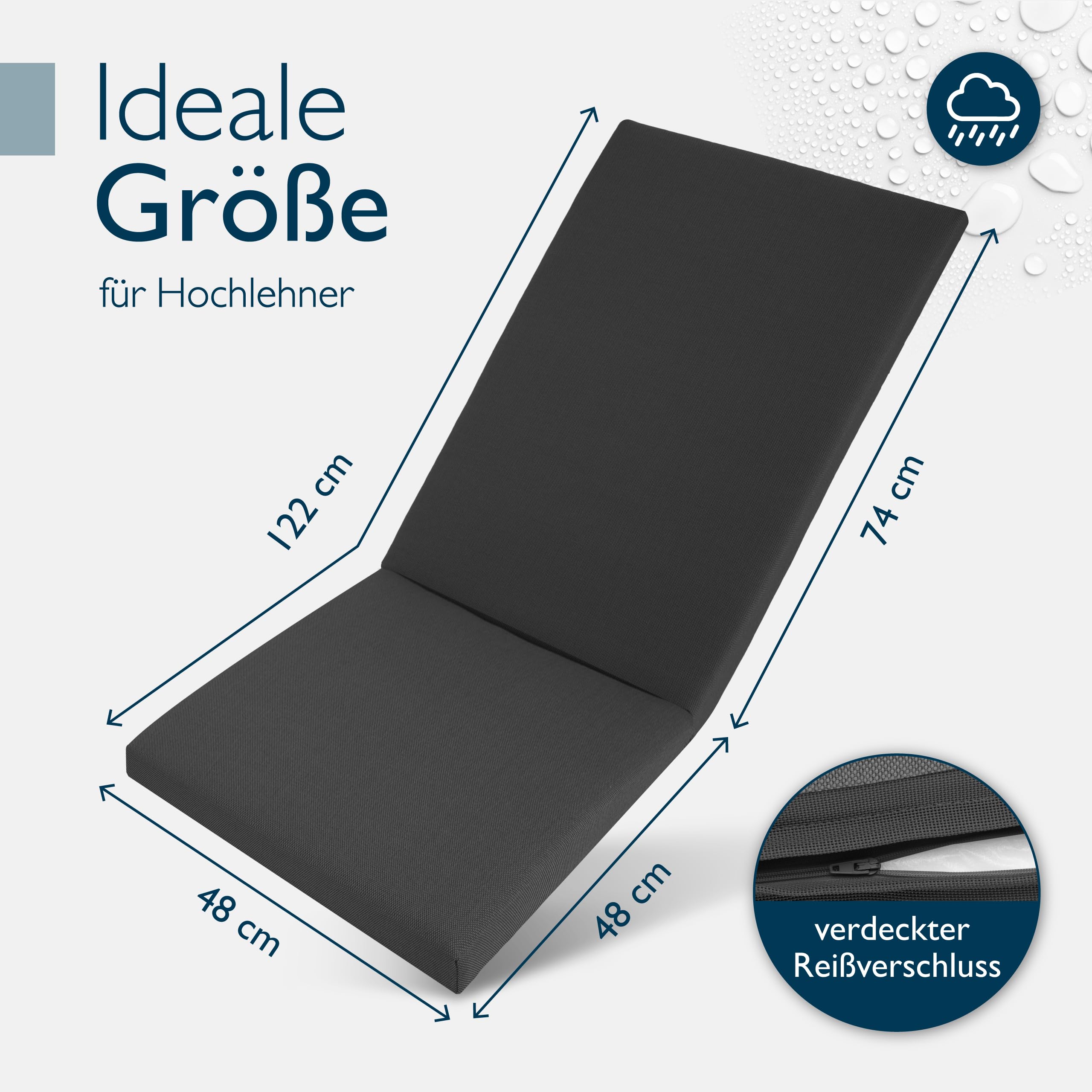 Beautissu 4er Set Premium Hochlehner Auflage 100% Wasserdicht Pflegeleicht | 120x50cm Anthrazit UV-beständig Bequem Waschbar Sitzkissen Gartenstuhl Polsterauflage Gartenmöbel Stuhlauflage Quick Dry