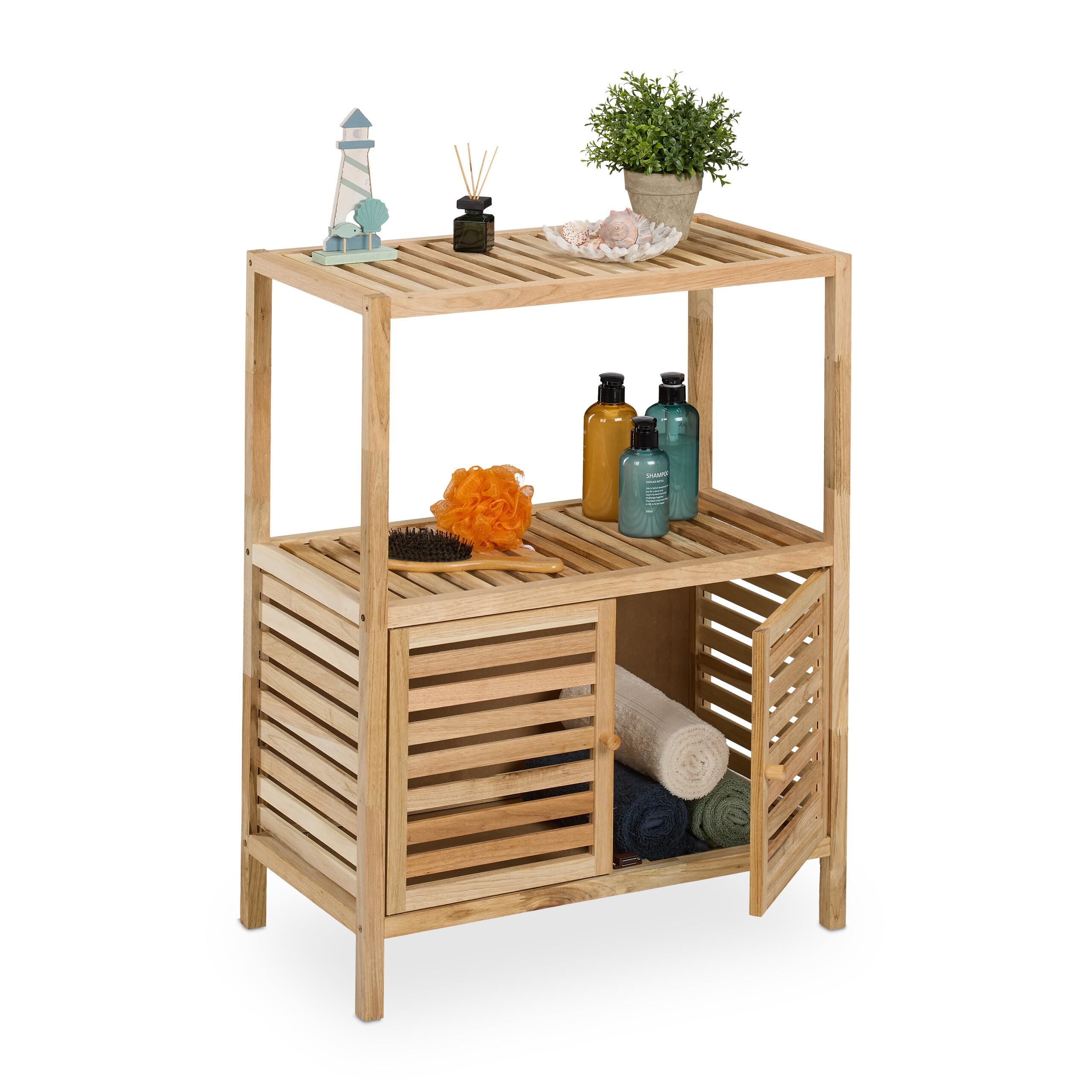 Relaxdays Mueble de Baño, Madera Nogal, 86x67,5x35,5 cm, Estantería Aseo con 2 Puertas, 2 Baldas, WC y Cocina, Natural