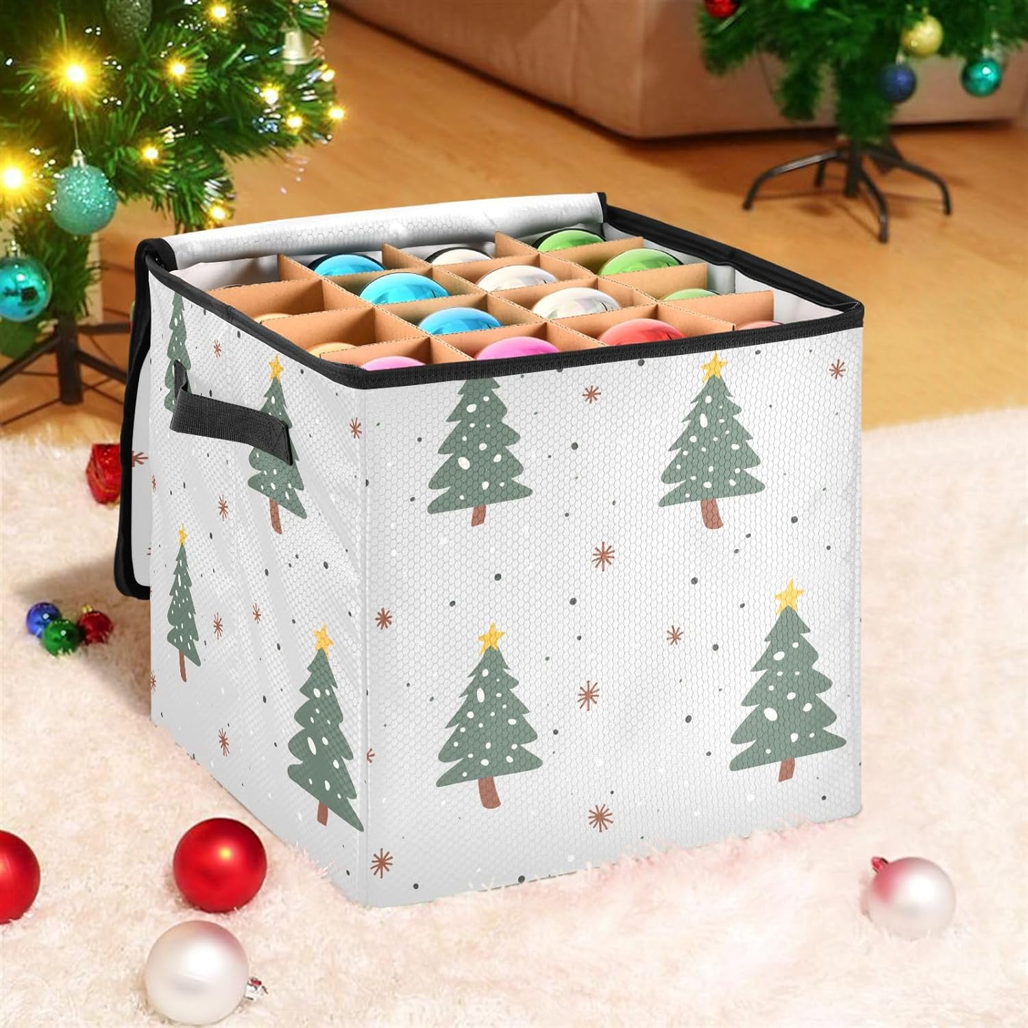 High Capacity Christmas Ornament Storage Box Holds Up to 64, Adjustable Dividers telescoping Holiday Storage Case with Lid,Christmas Green Trees
