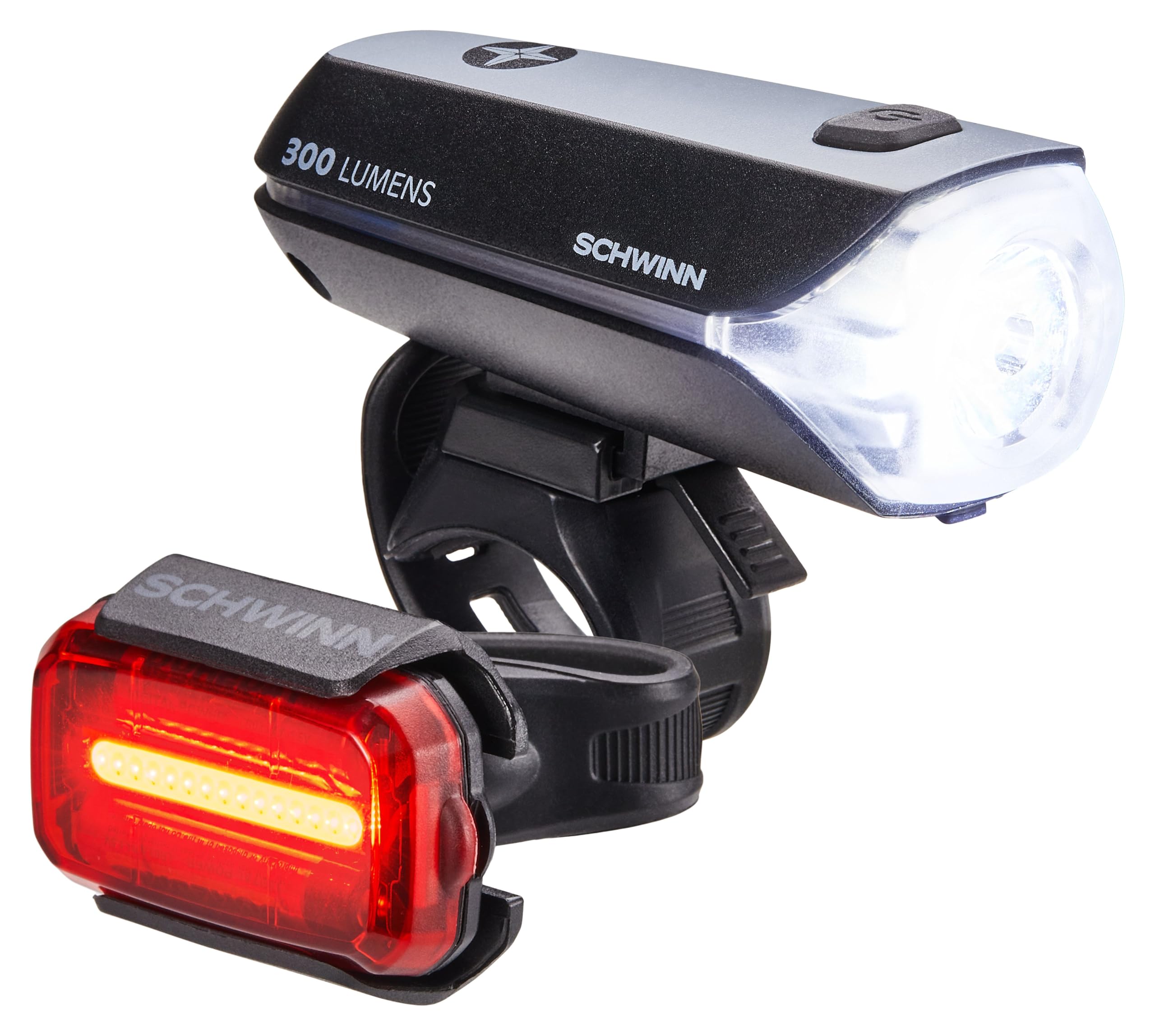 Schwinn 100, 150, 300 or 500 Lumen USB Rechargeable Bike Light Set, LED, Headlight and Taillight, Wide-Angle Visibility, Tool-Free Install, USB Charging, for City and Road Riding