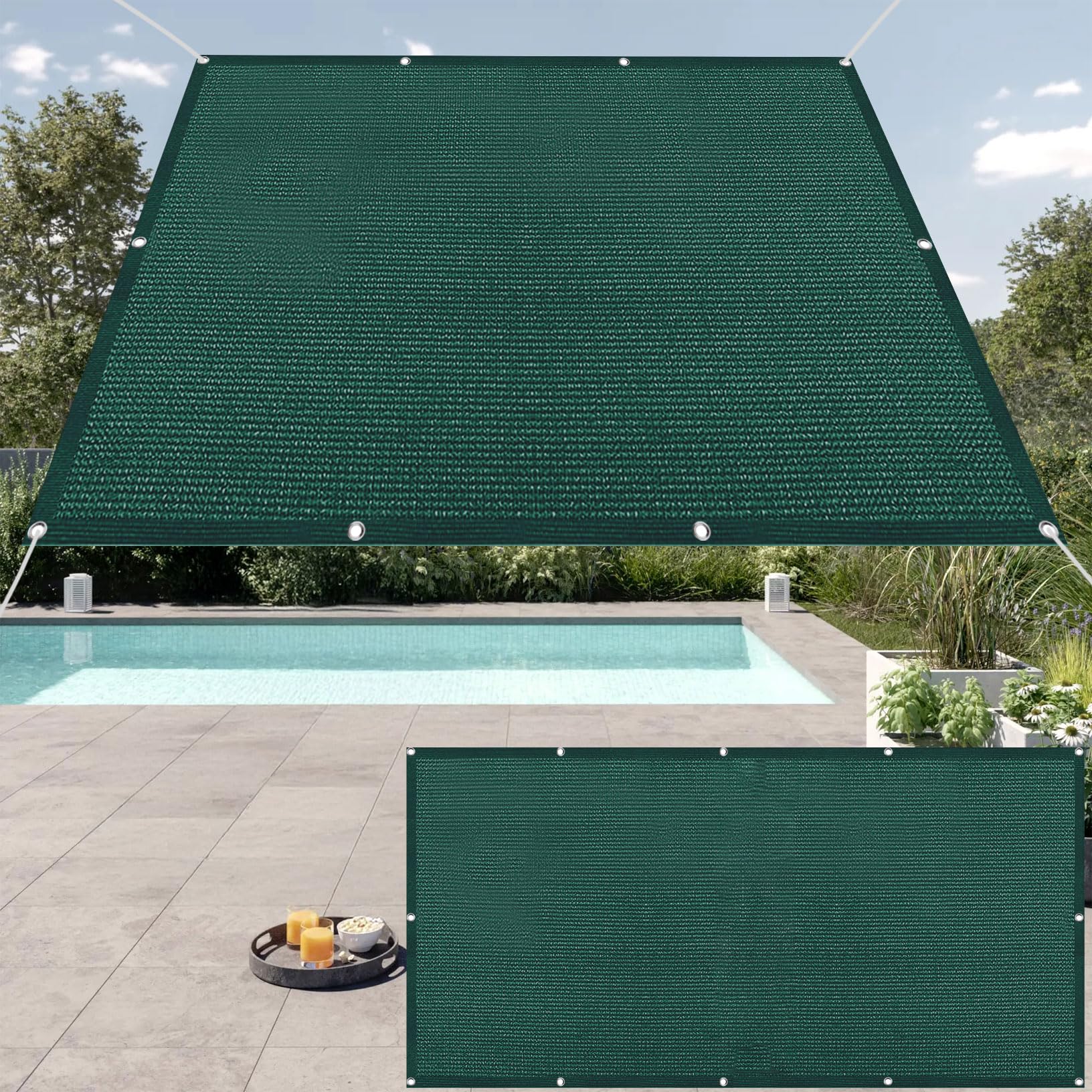 Toldo Vela de Sombra 100 x 675 cm Rectangular 95% Protección Rayos UV Transpirable Toldos Exterior con Ojales, Resistente Al Desgarro para Patio Exterior Jardín Terraza, Verde Oscuro